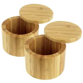 2 Pc Bamboo Salt And Pepper Bowls, Wooden Spice Containers With Magnetic