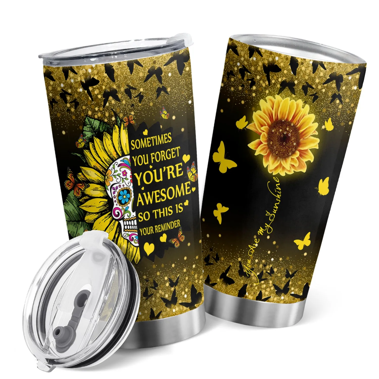 20oz You Are My Sunshine & Sunflower Skull Tumbler - Motivational Travel Cup for Coffee, Tea, and Water - Stainless Steel Vacuum Thermos