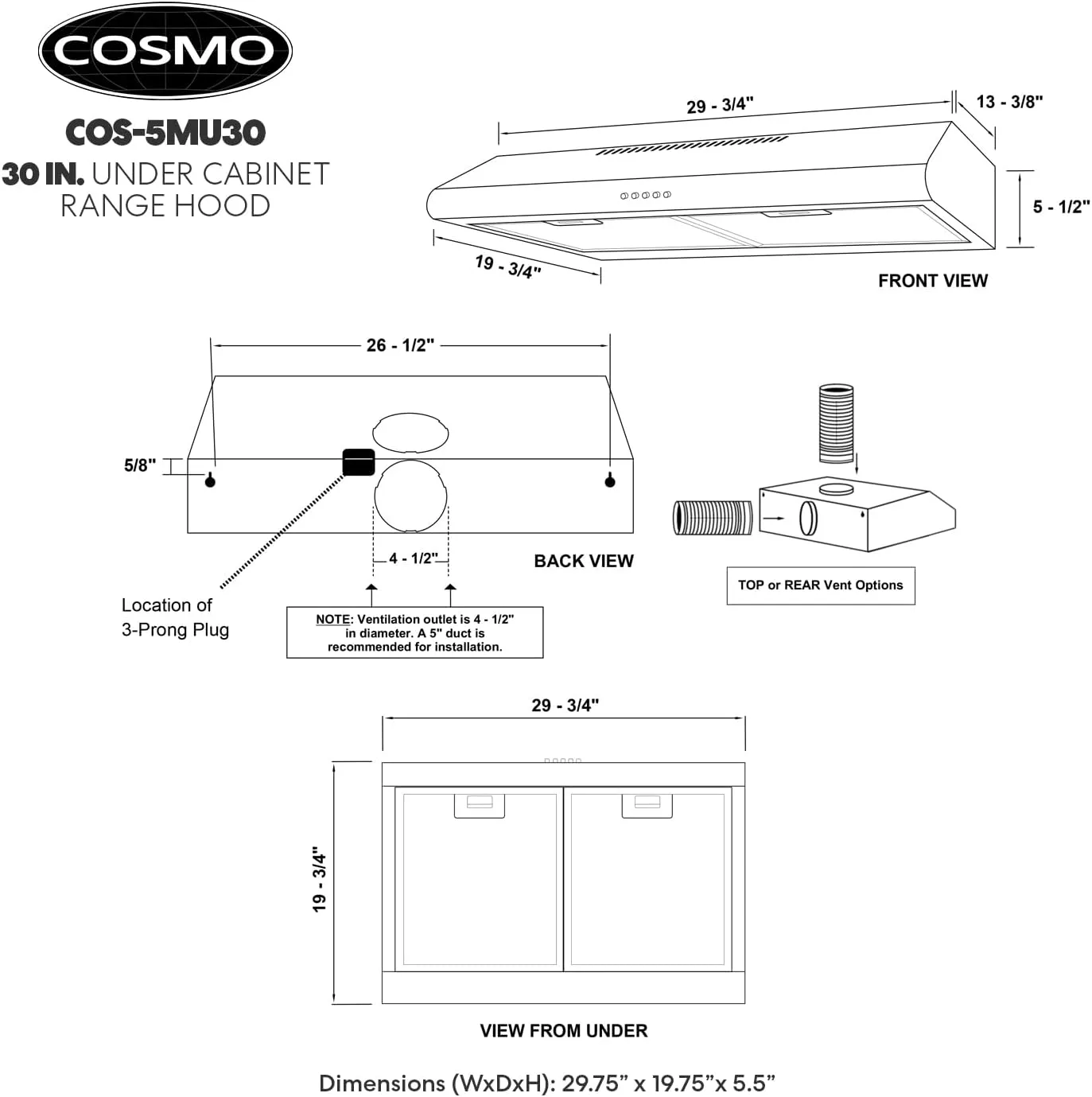 30" Slim Ductless Range Hood with 3-Speed Fan, Reusable Filter, and LED Lights