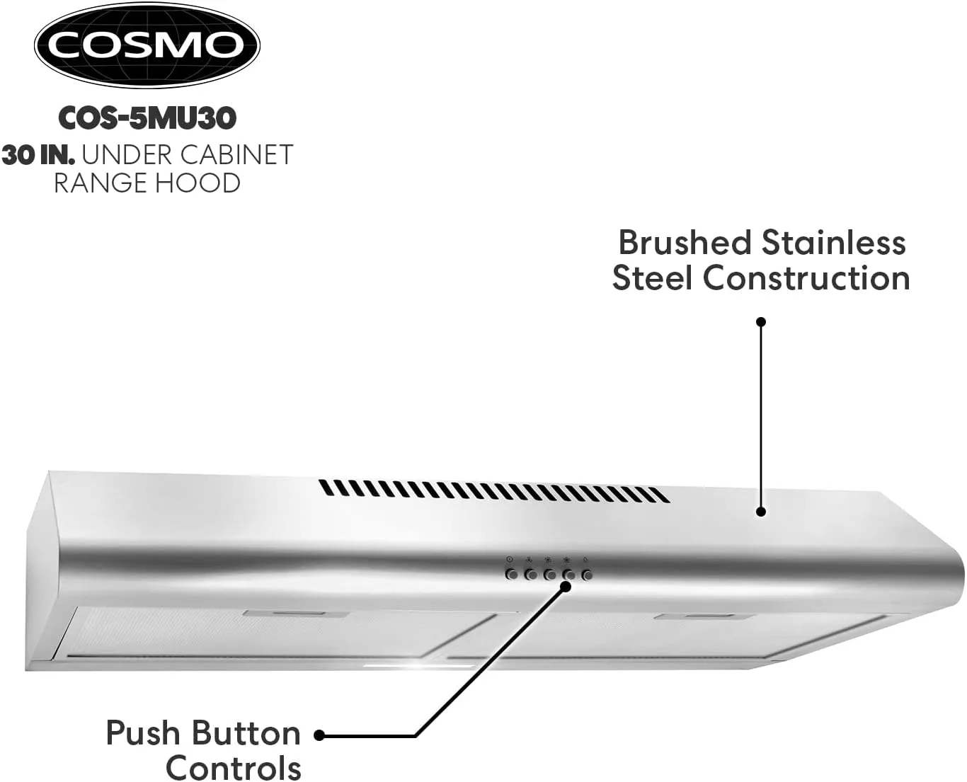 30" Slim Ductless Range Hood with 3-Speed Fan, Reusable Filter, and LED Lights