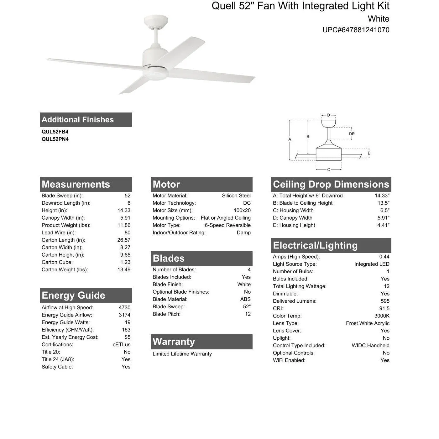 52" Quell Fan, White Finish, White Blades. LED Light, WIFI and Control Included