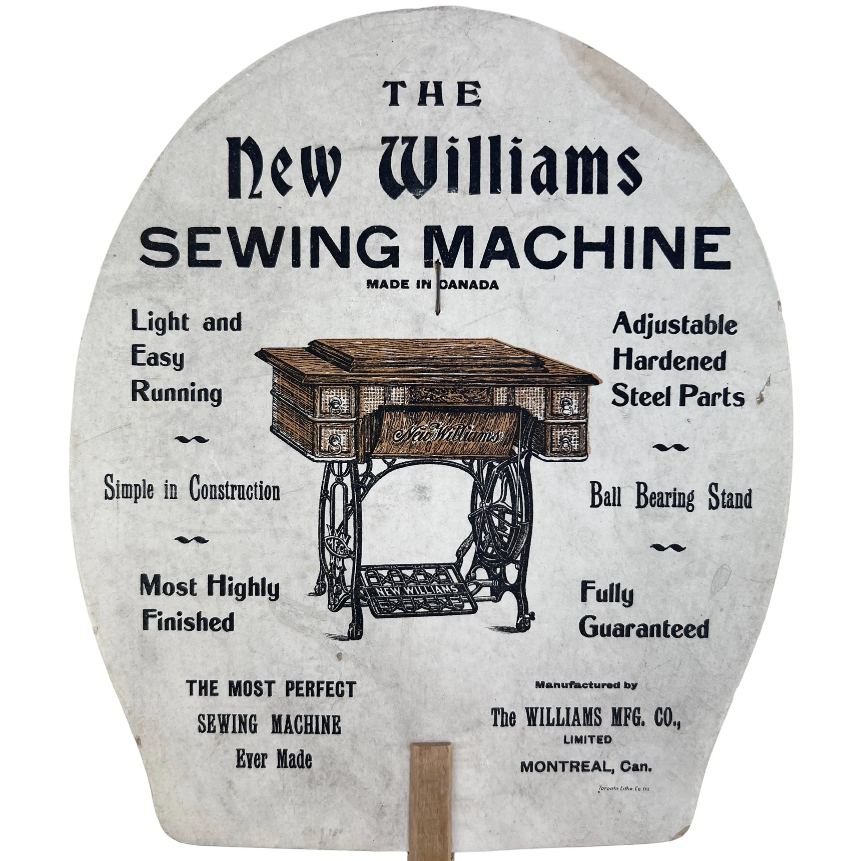 Antique Sewing Machine Advertising Fan Ad New Williams Montreal Advertisement