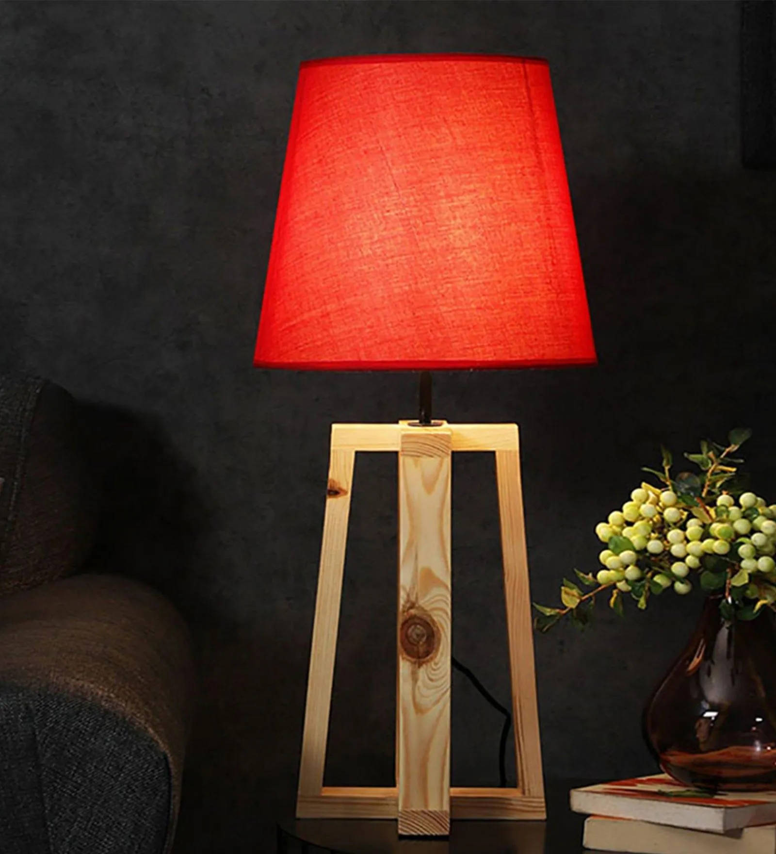 Blender Beige Wooden Table Lamp with Red Fabric Lampshade (BULB NOT INCLUDED)