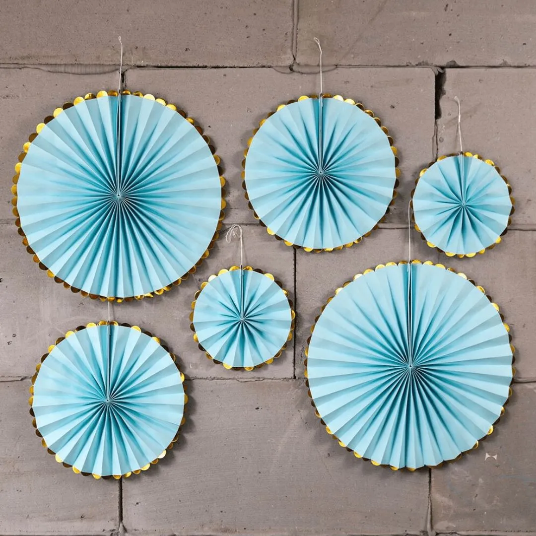 Blue Party Paper Fans Gold Trim