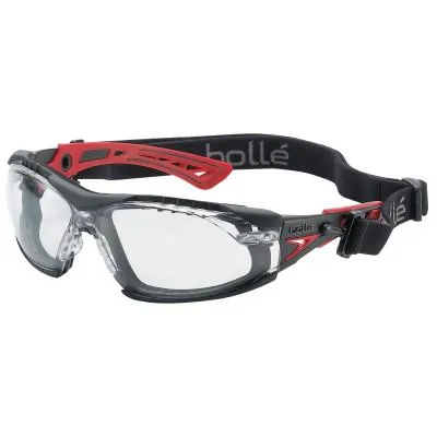 Bolle Rush  Series Safety Glasses, Clear Lens, Anti-Fog/Anti-Scratch, Black/Red Temple, 40252