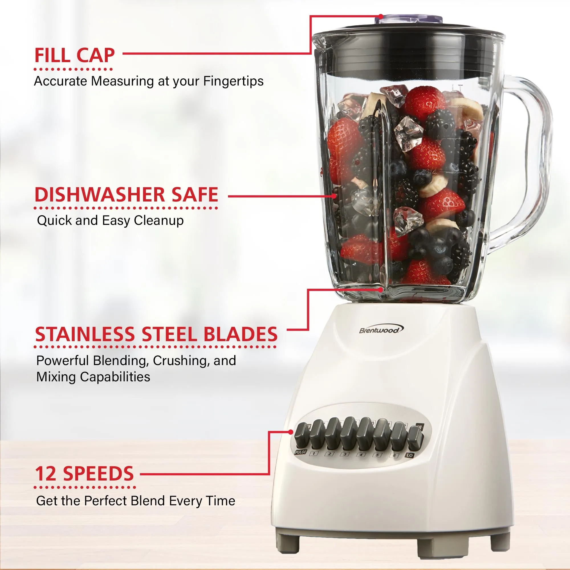 Brentwood JB-920W 12-Speed   Pulse Blender with Glass Jar, White