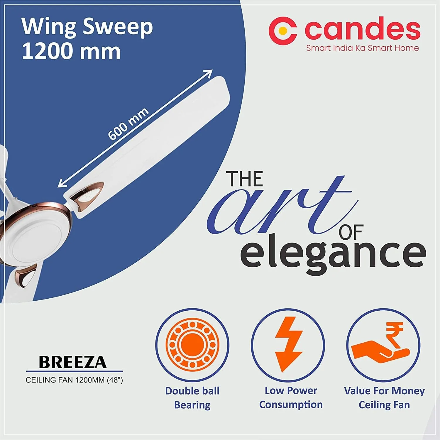 Candes Breeza Ceiling Fans for Home 1200mm / 48 inch | BEE 3 Star Rated, High Air Delivery, Noiseless & Energy Efficient | 1 1 Years Warranty | White