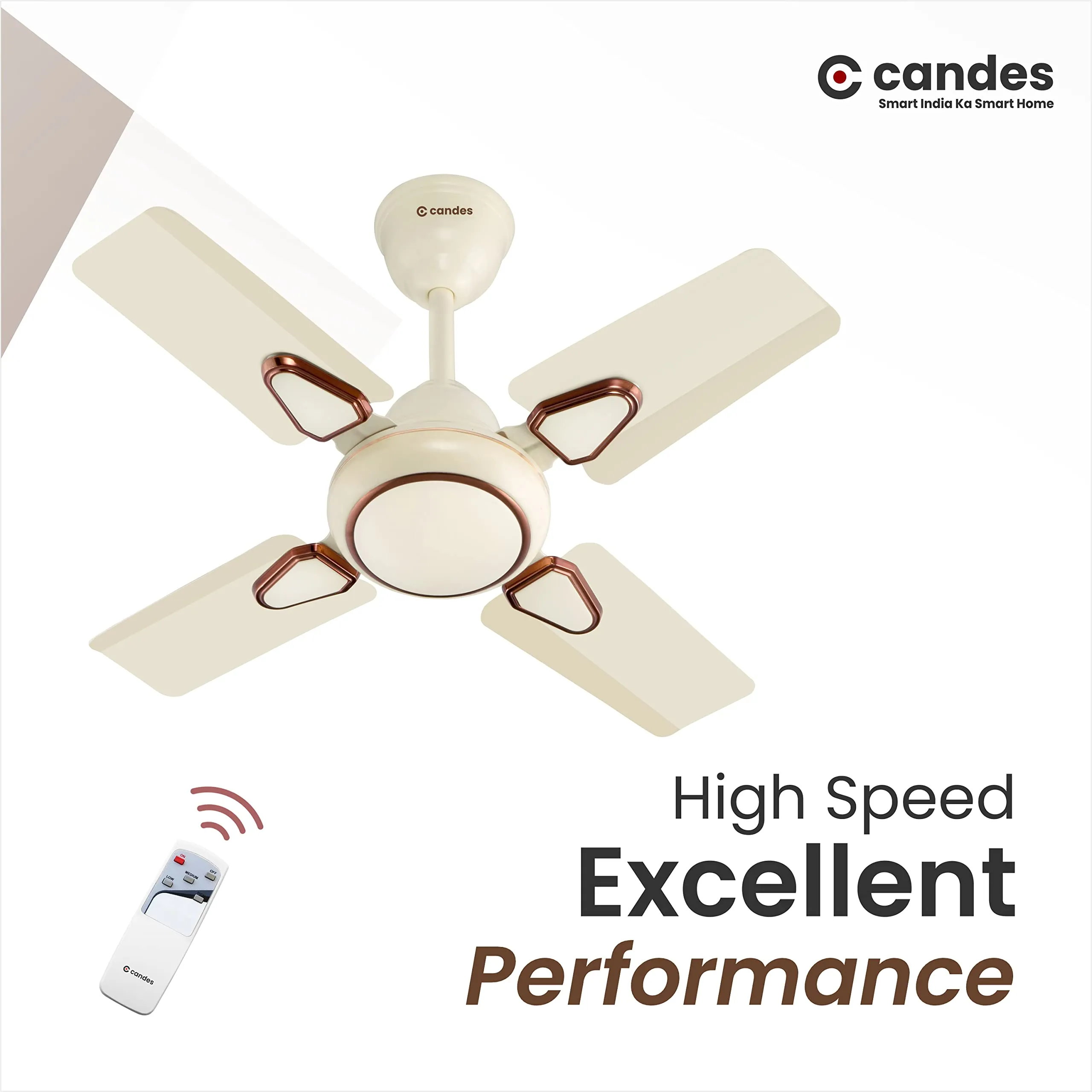 Candes Brio Turbo 600 mm /24 inch Ceiling Fan with Remote Control | BEE Star Rated, High Air Delivery & Energy Saving | Small Fan for Kitchen, Balcony & Small Room | 1 1 Year Warranty | Ivory