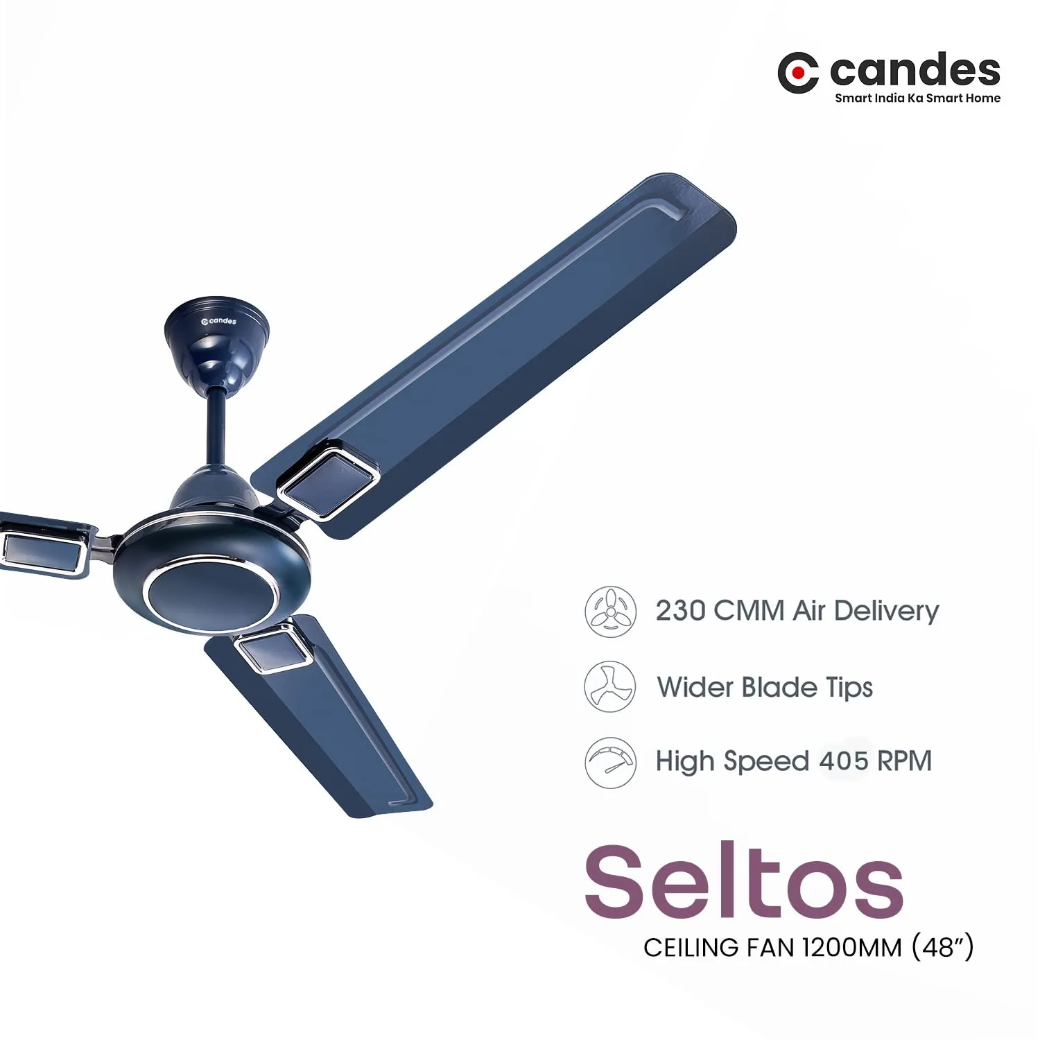 Candes Seltos 1200mm/48 inch High Speed Anti-dust Decorative 405 RPM, 3 Star Rated Ceiling Fan with 2 Yrs Warranty (Silver Grey)