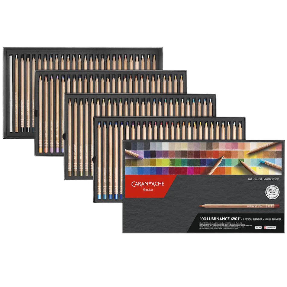 Caran d'Ache Luminance 6901 Professional Permanent Colour Pencil Box of 100 Assorted Coloured Pencils, 1 Pencil Blender   1 Full Blender