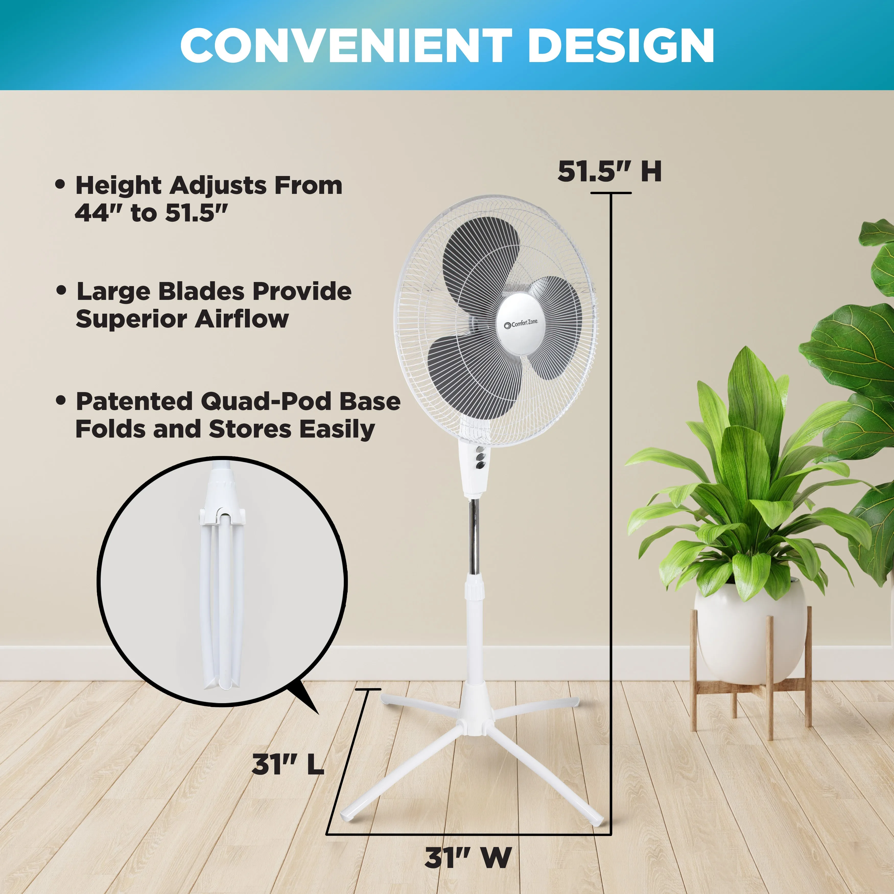 Comfort Zone 18" 3-Speed Oscillating Pedestal Fan in White