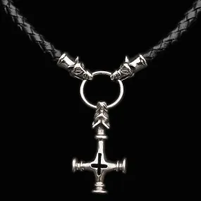 Customisable 8mm Thick Braided Leather Thors Hammer Necklace with Silver Icelandic Wolf Heads