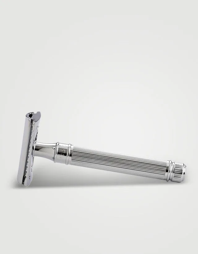 Edwin Jagger - Double Edge Safety Razor, Extra Long Handle, Lined, Chrome Plated, Feather Blade