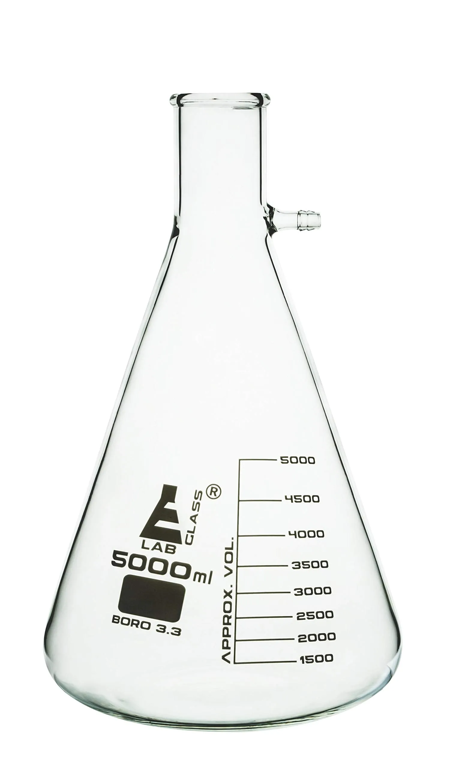 EISCO Filtering Flask, 5000mL - Heavy Walled Borosilicate Glass & Integral Barbed Side Arm/Inlet for Vacuum Filtration - White Graduations - Buchner, Erlenmeyer, 5L Filter Flask