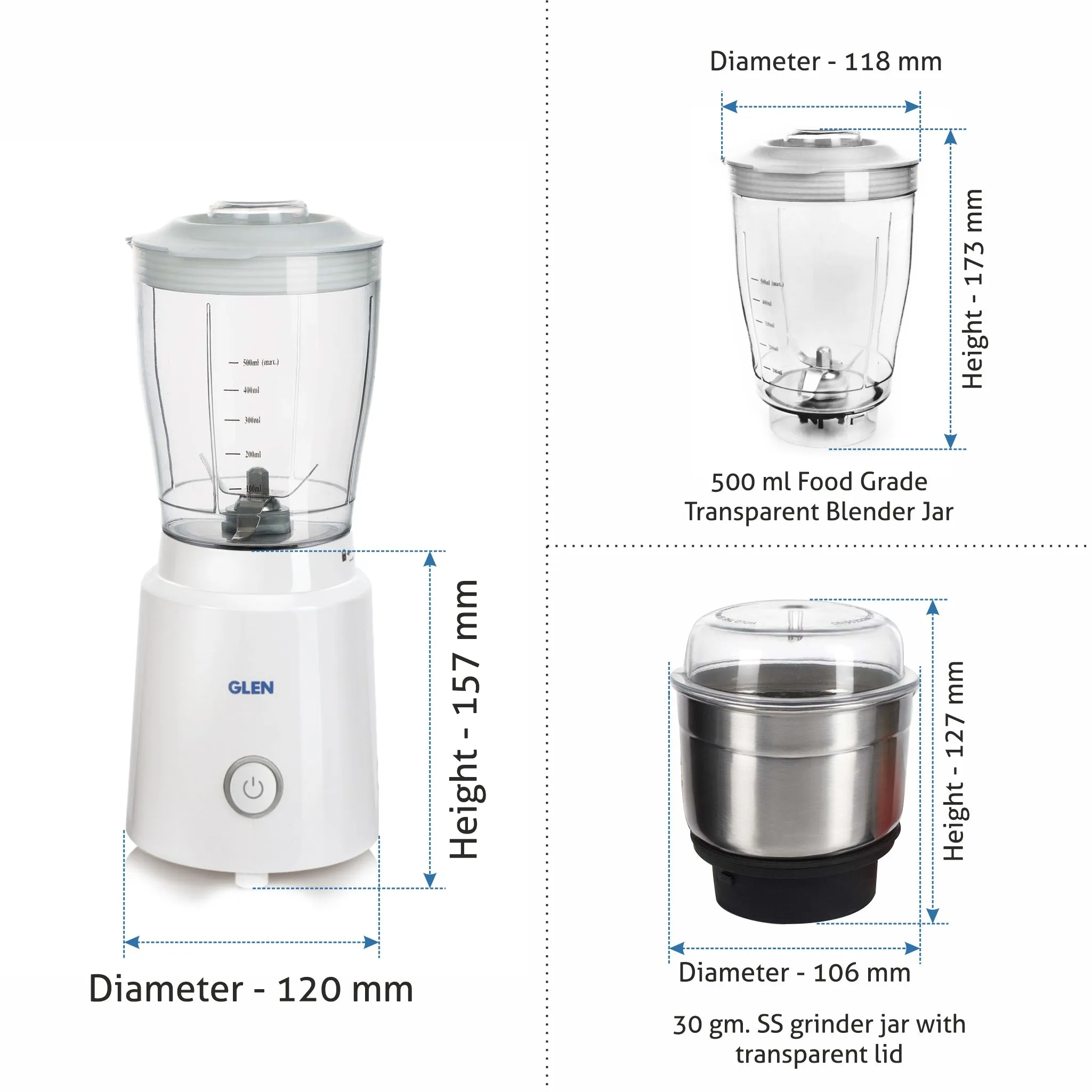 Electric Mini Blender Grinder, 0.5 Litres Blender Jar Fruit Filter, SS Grinder Jar 350w - White (4045BG)