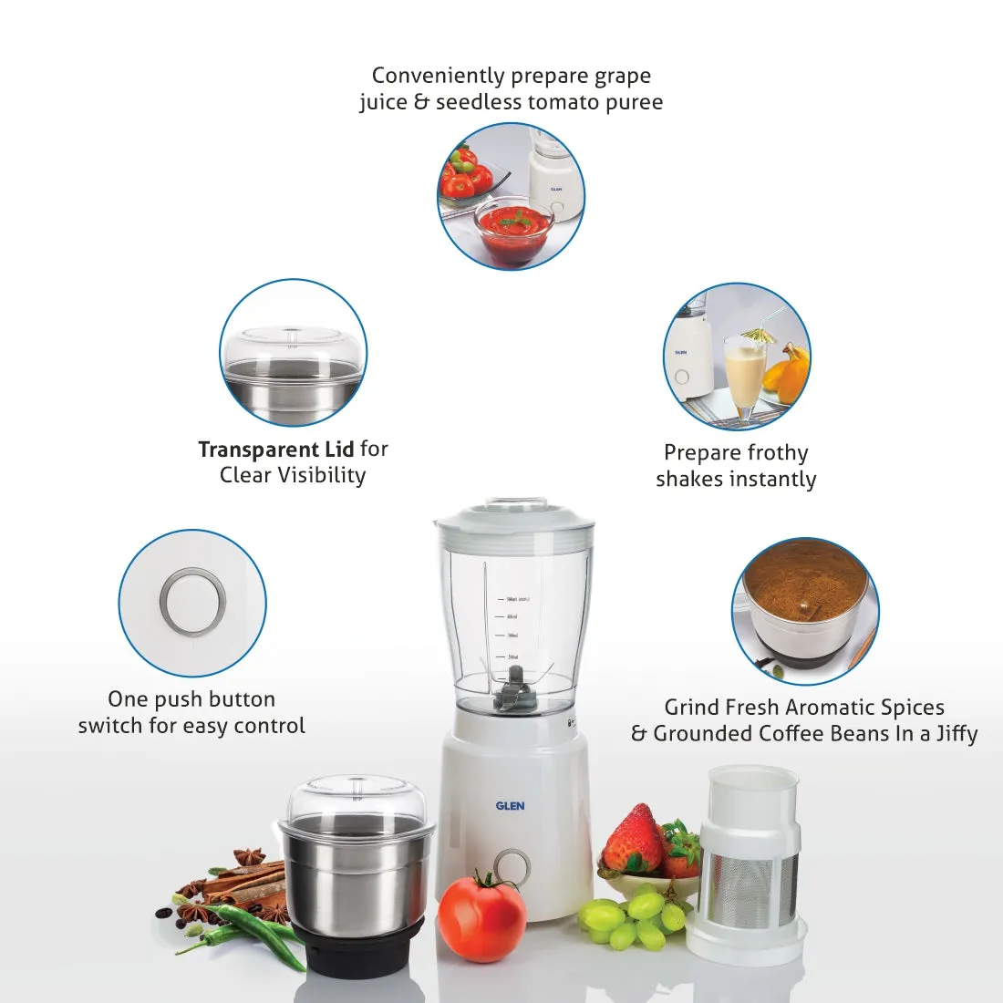 Electric Mini Blender Grinder, 0.5 Litres Blender Jar Fruit Filter, SS Grinder Jar 350w - White (4045BG)