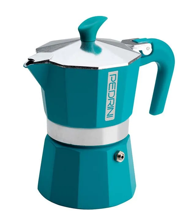 Espresso Coffee Maker Moka Pot: PEDRINI ITALY Polished Aluminium Stovetop Espresso Maker - Blue, available in 4 sizes