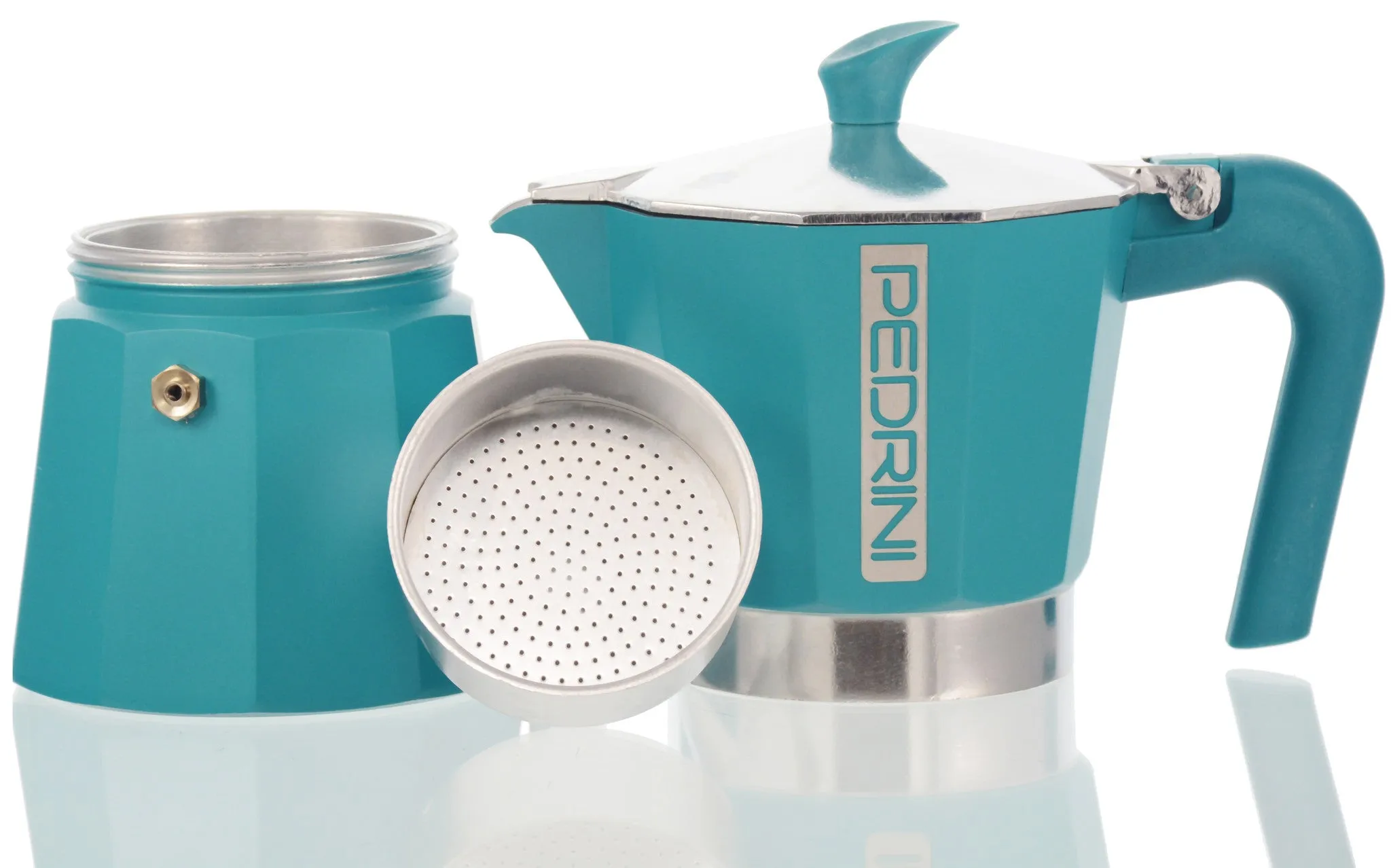 Espresso Coffee Maker Moka Pot: PEDRINI ITALY Polished Aluminium Stovetop Espresso Maker - Blue, available in 4 sizes