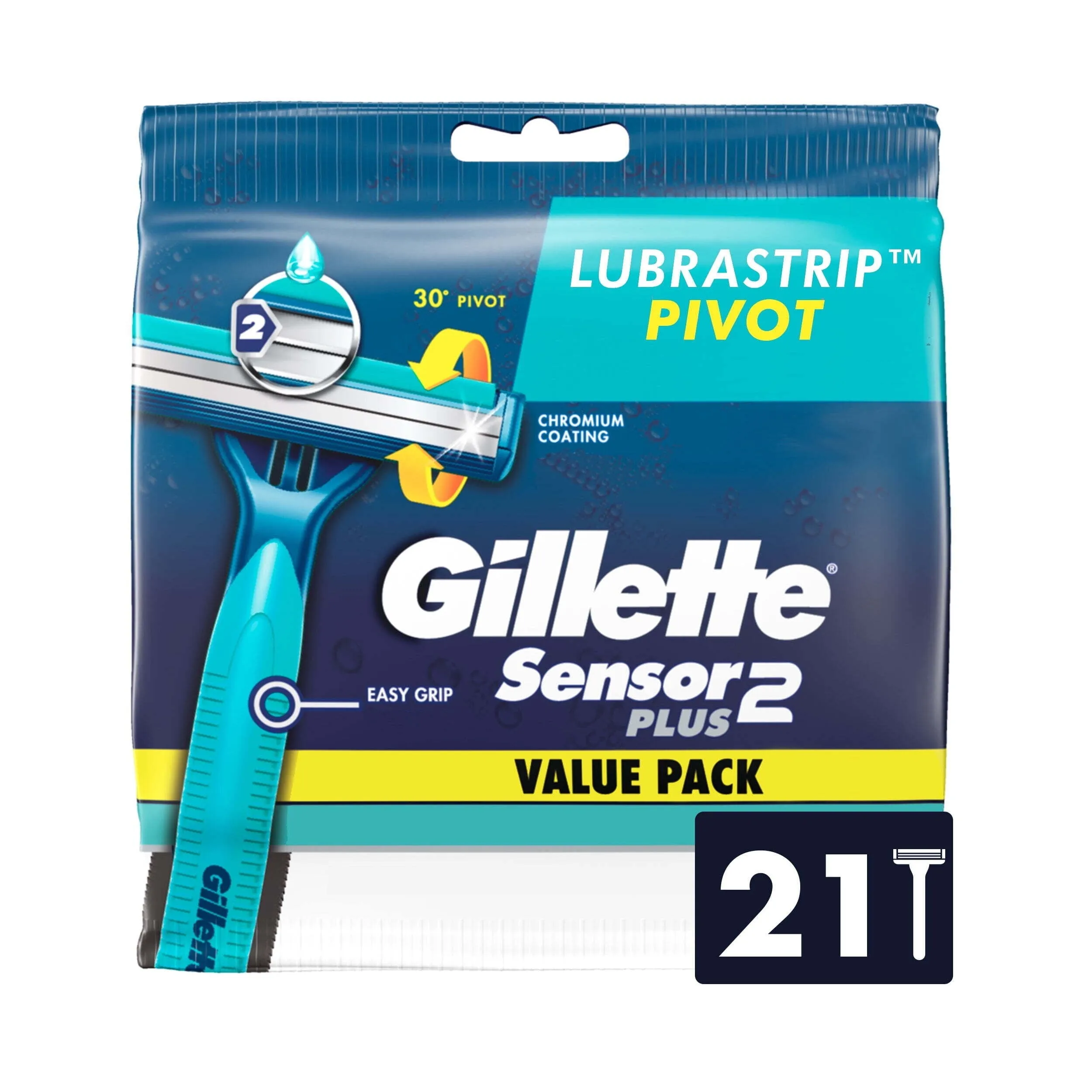 Gillette Sensor2 Plus Pivot Men's Disposable Razor, 21 Razors, Blue