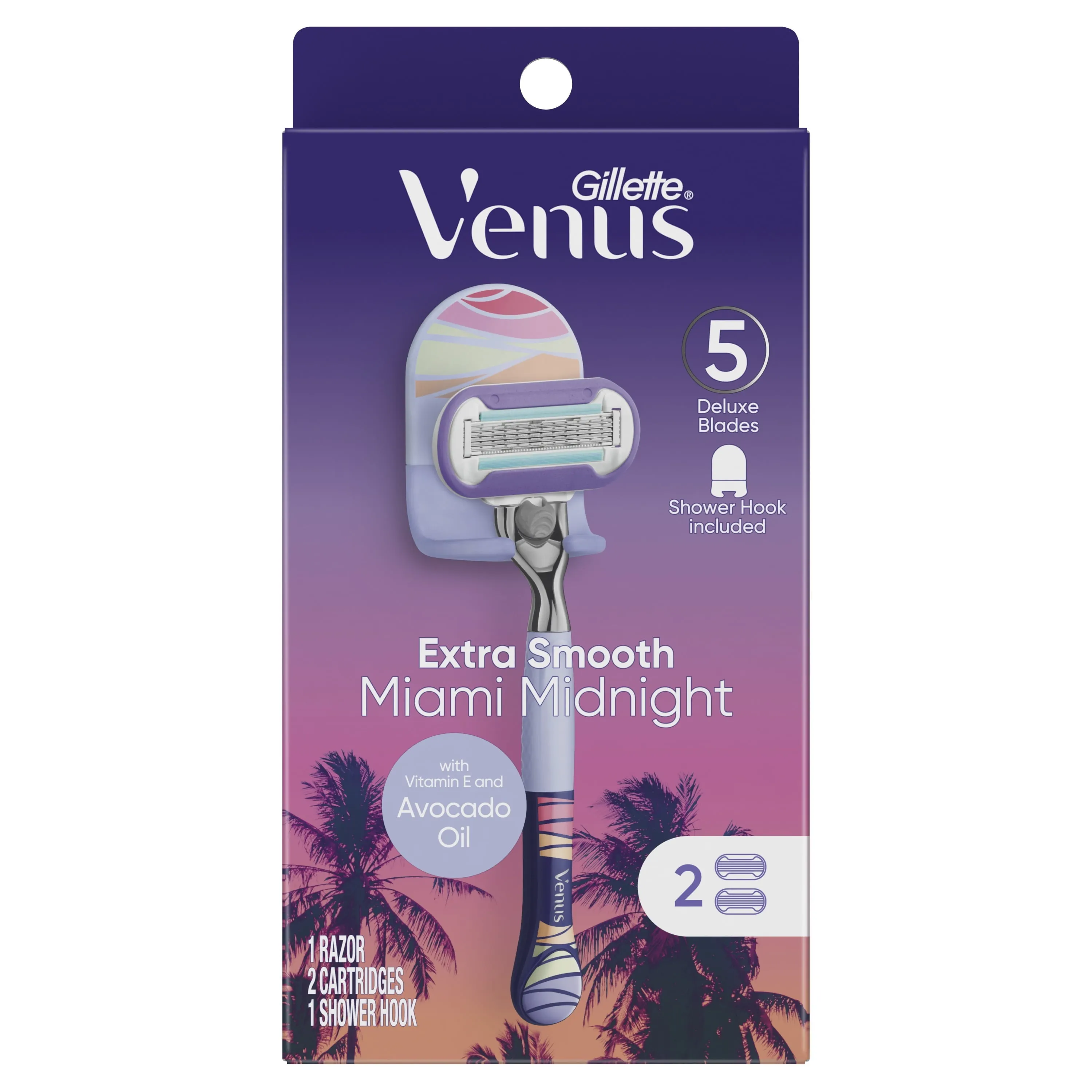 Gillette Venus Miami Midnight Extra Smooth Women's Razor Handle, 2 Blade Refills and Shower Hook