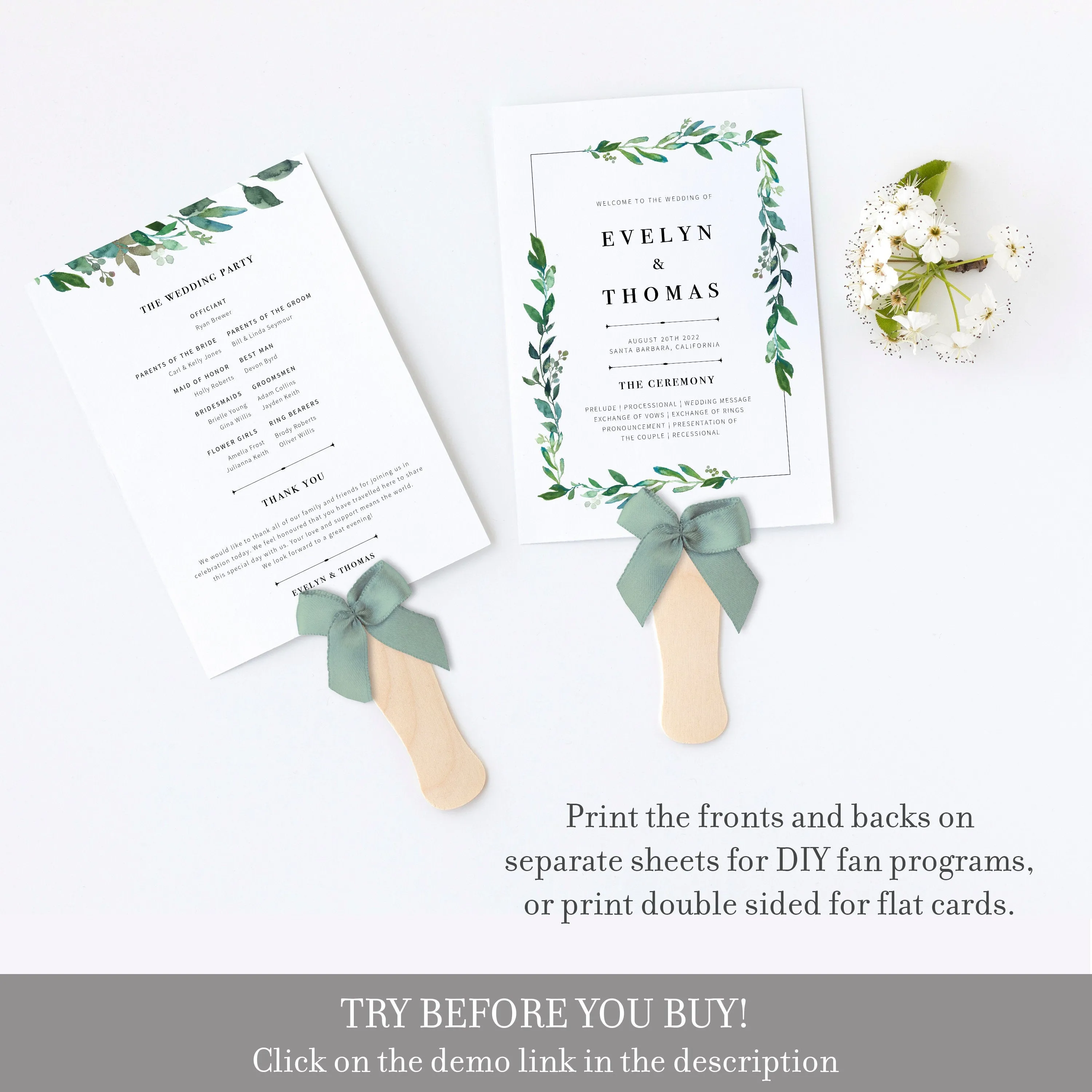 Greenery Wedding Program Fans Template, Printable Wedding Ceremony Fan, Editable INSTANT DOWNLOAD - G100