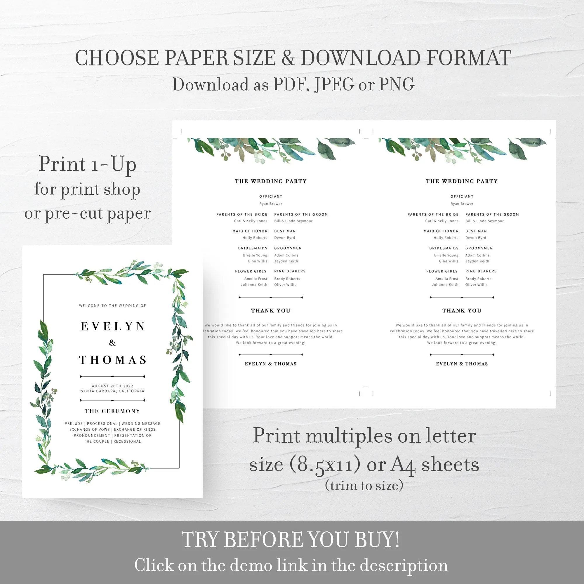 Greenery Wedding Program Fans Template, Printable Wedding Ceremony Fan, Editable INSTANT DOWNLOAD - G100