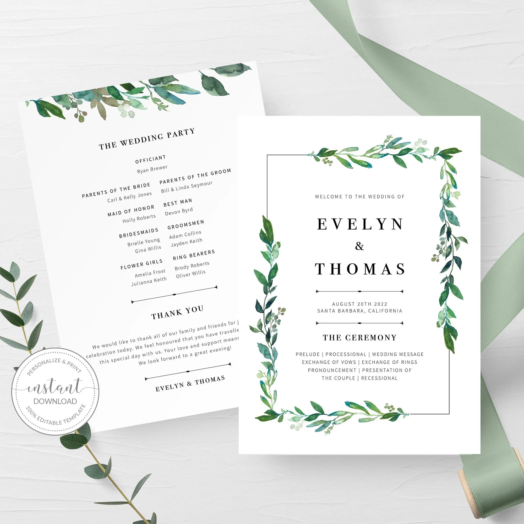 Greenery Wedding Program Fans Template, Printable Wedding Ceremony Fan, Editable INSTANT DOWNLOAD - G100