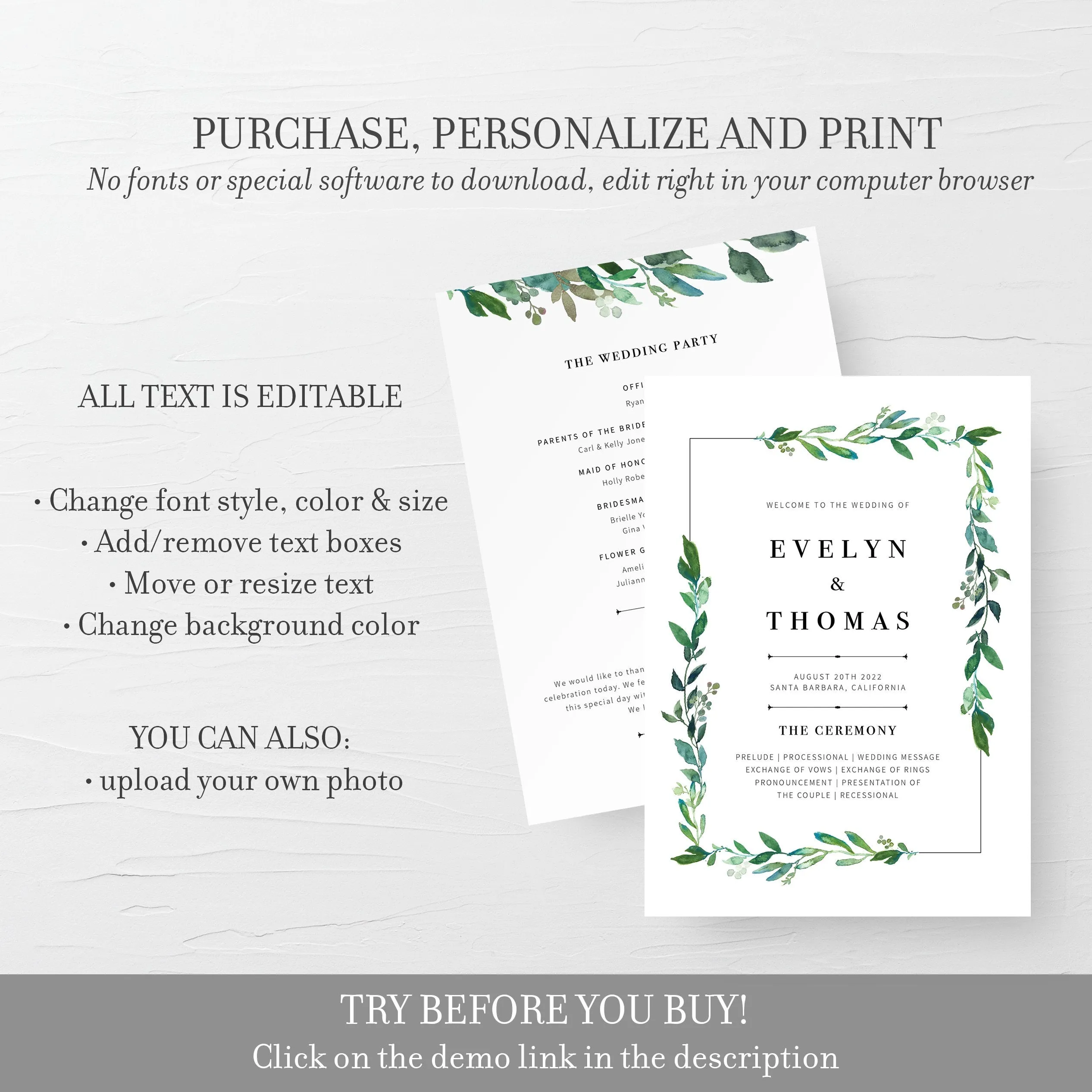 Greenery Wedding Program Fans Template, Printable Wedding Ceremony Fan, Editable INSTANT DOWNLOAD - G100