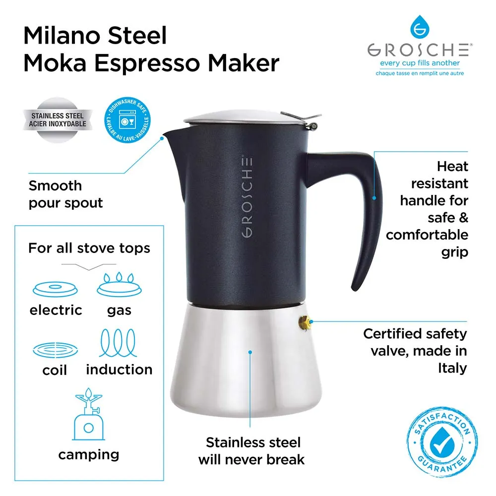 Grosche Milano Steel Espresso Maker - Brushed / 6-Cup / 10.1 fl. oz