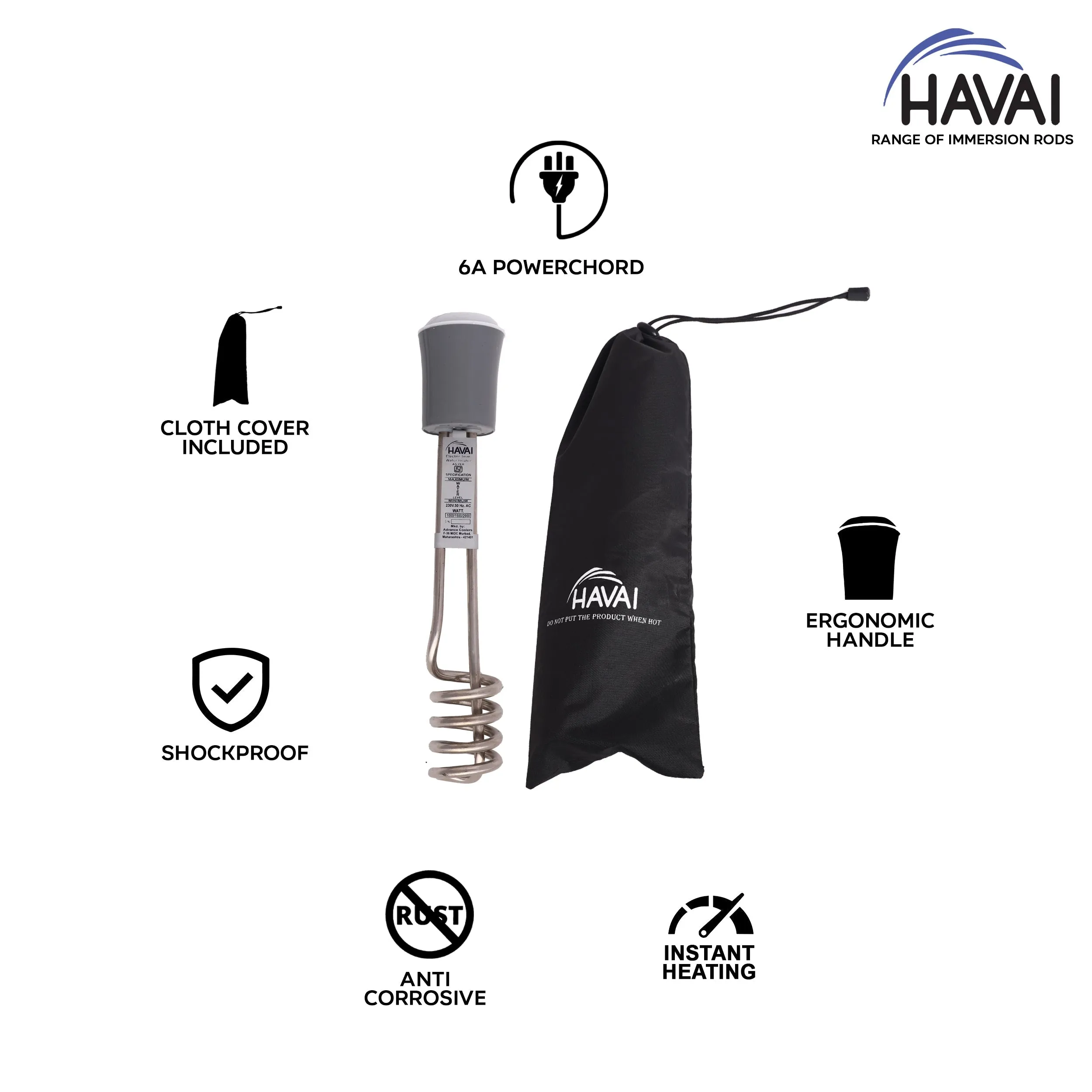 HAVAI Immersion Rod with Cover - Metal, Grey and White, 2000 W