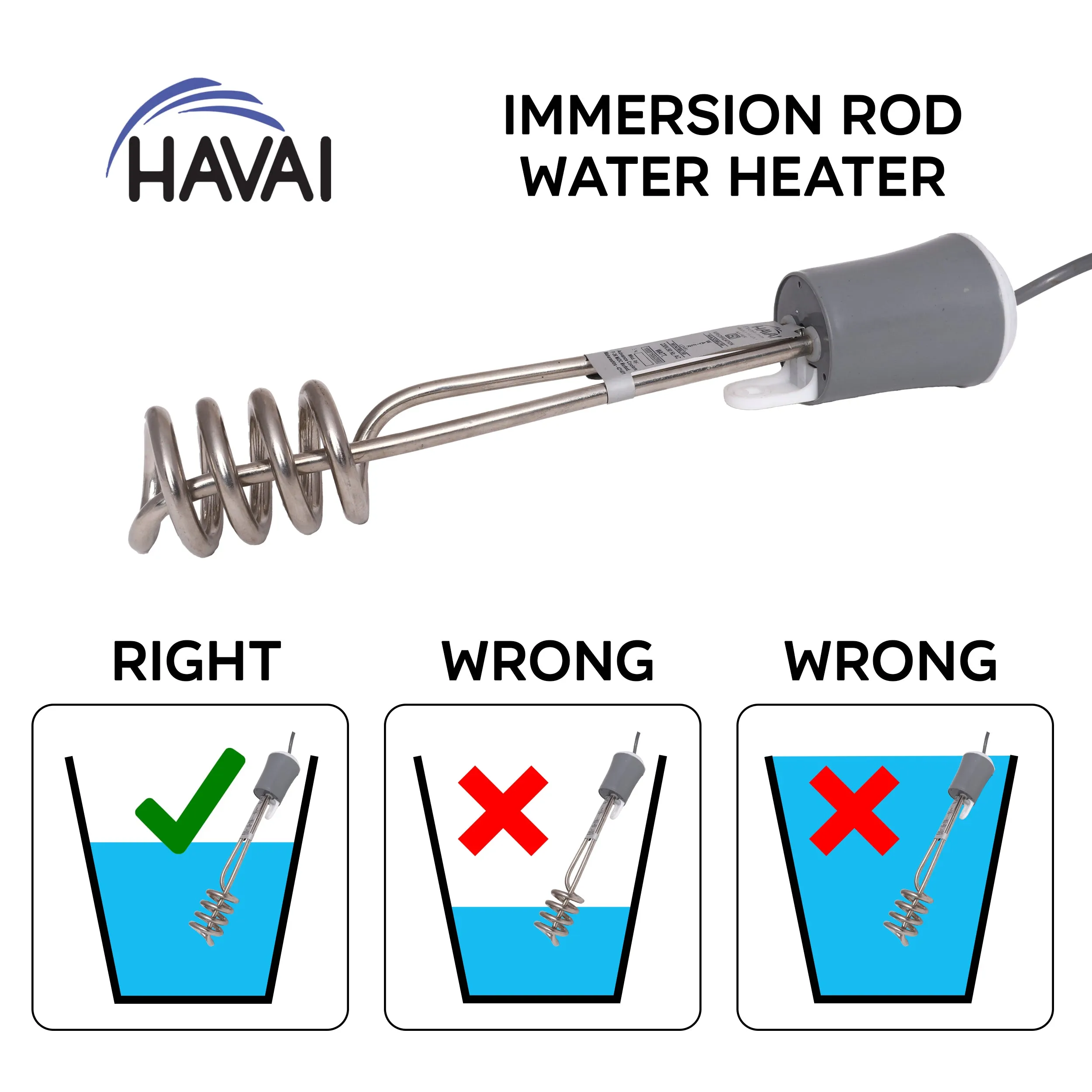 HAVAI Immersion Rod with Cover - Metal, Grey and White, 2000 W