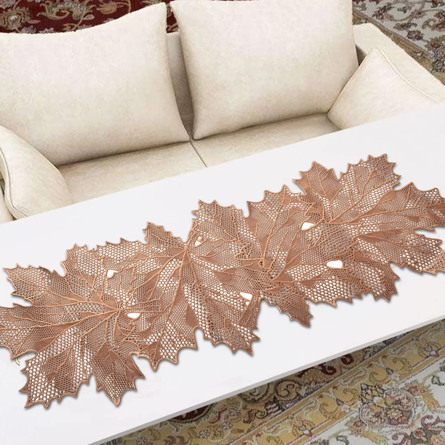 Heart Home Leaf Design Waterproof, Heat Resistant, Non-Slip, Easy to Clean Soft Leather Table Runner for Dining Table (Copper)-HS43HEARTH26604