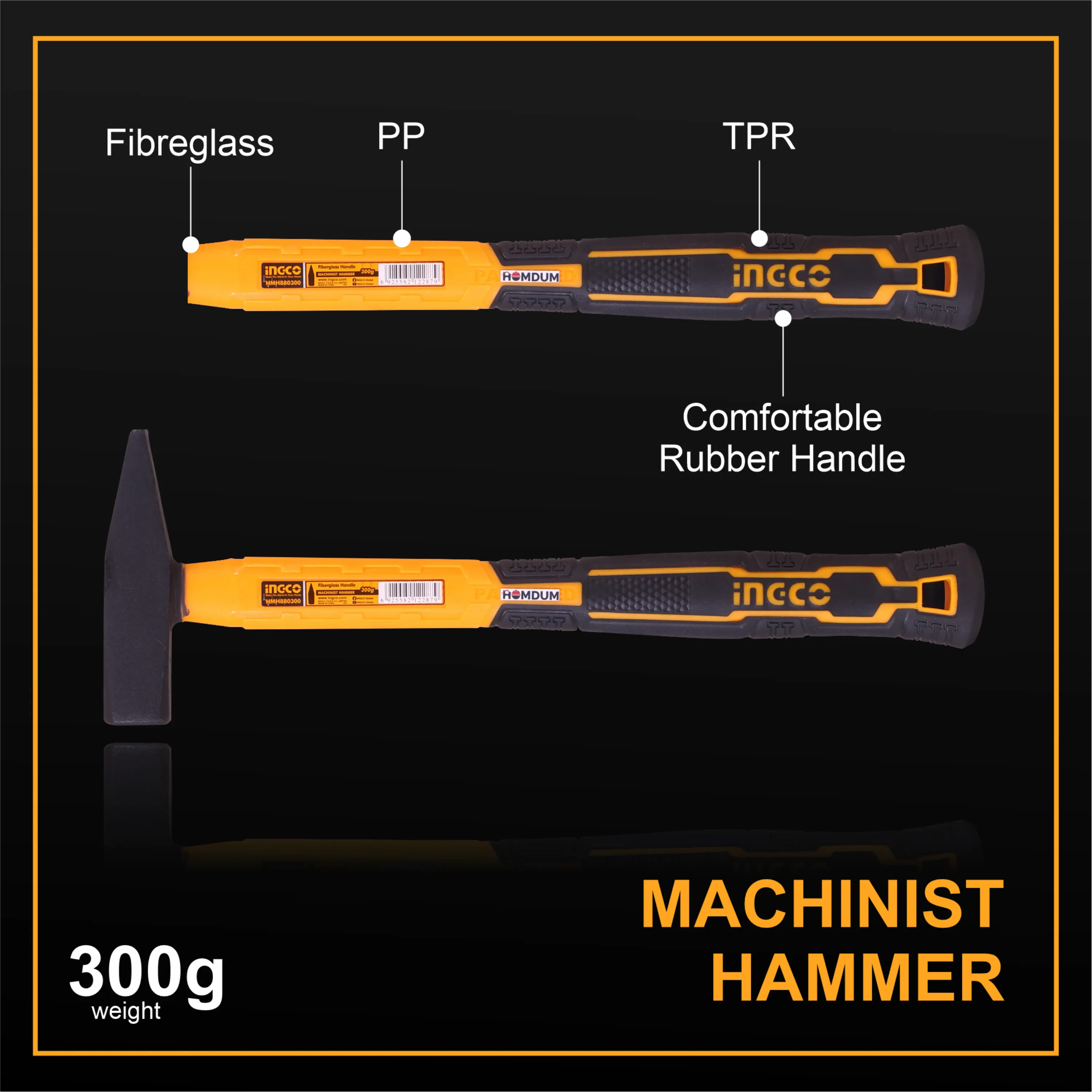 Homdum 300g Heavy Duty Machinist Hammer INGCO HMH880300 with 10”/ 250 mm Rubberized Soft Grip Fiberglass Handle Forged and Induction Hardened DIN 1041 Compliant Head. (300g)