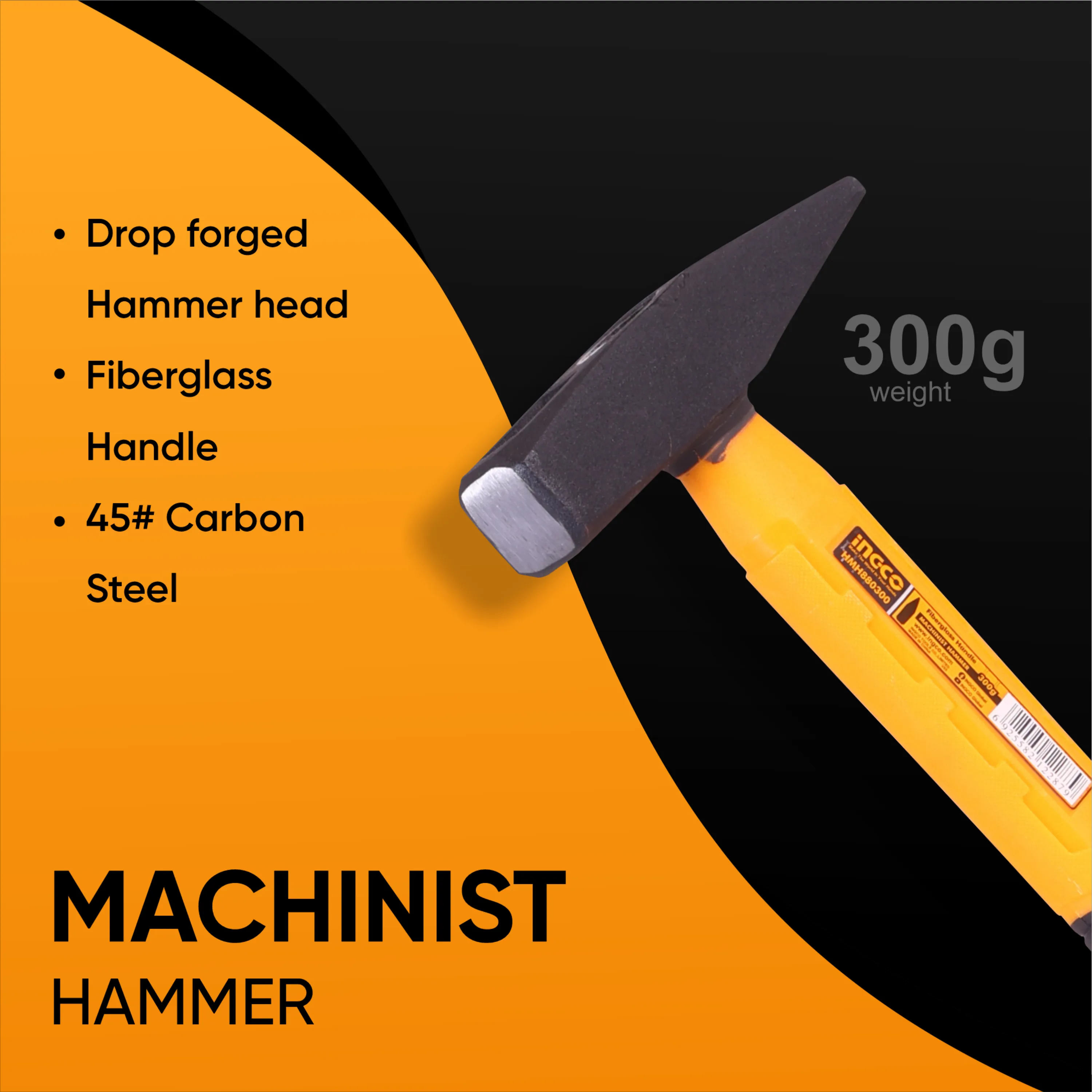 Homdum 300g Heavy Duty Machinist Hammer INGCO HMH880300 with 10”/ 250 mm Rubberized Soft Grip Fiberglass Handle Forged and Induction Hardened DIN 1041 Compliant Head. (300g)