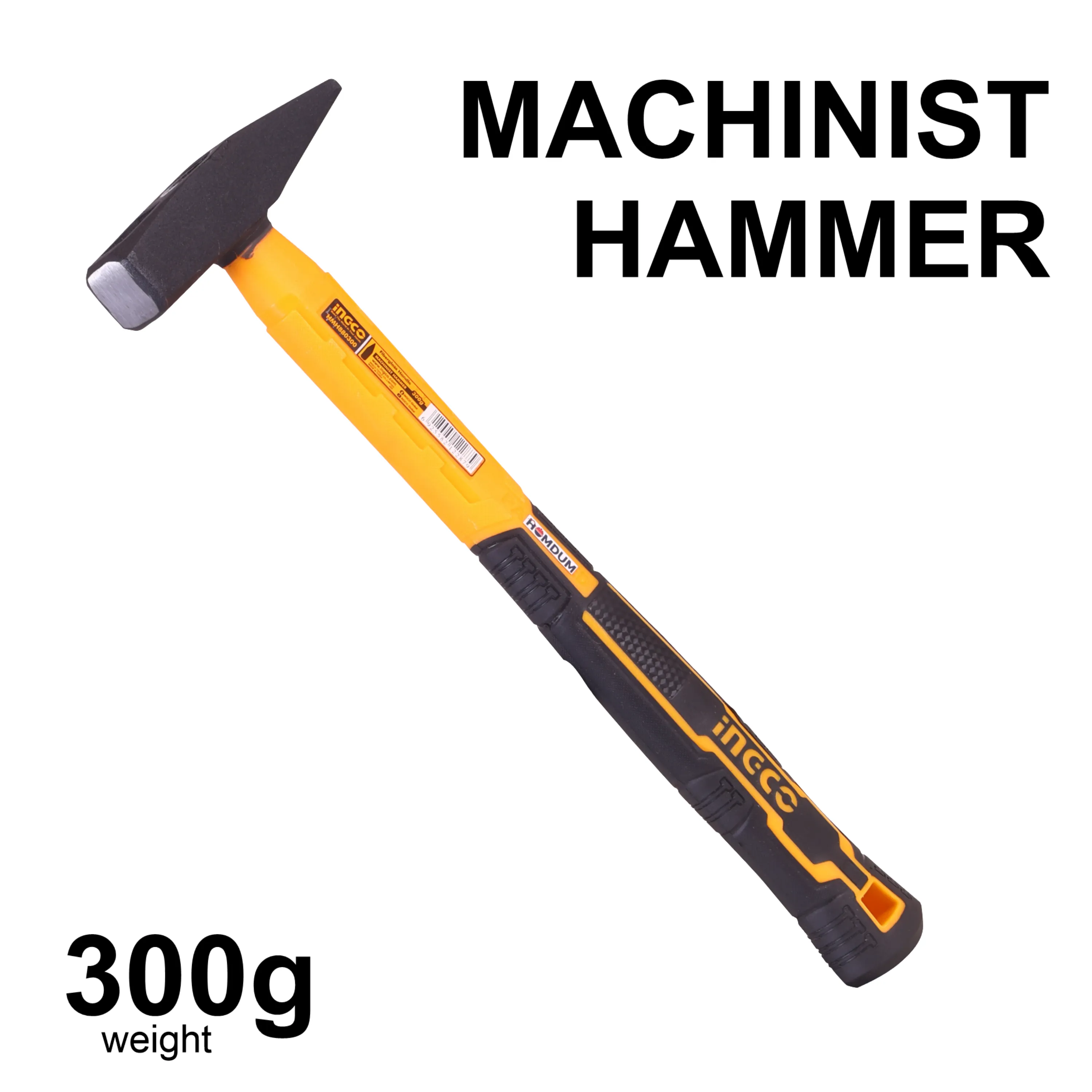 Homdum 300g Heavy Duty Machinist Hammer INGCO HMH880300 with 10”/ 250 mm Rubberized Soft Grip Fiberglass Handle Forged and Induction Hardened DIN 1041 Compliant Head. (300g)