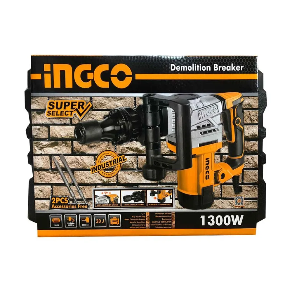 INGCO 1300W Demolition Breaker Hammer with Anti-vibration System, HEX Chuck System, 2pcs Chisels | PDB130018