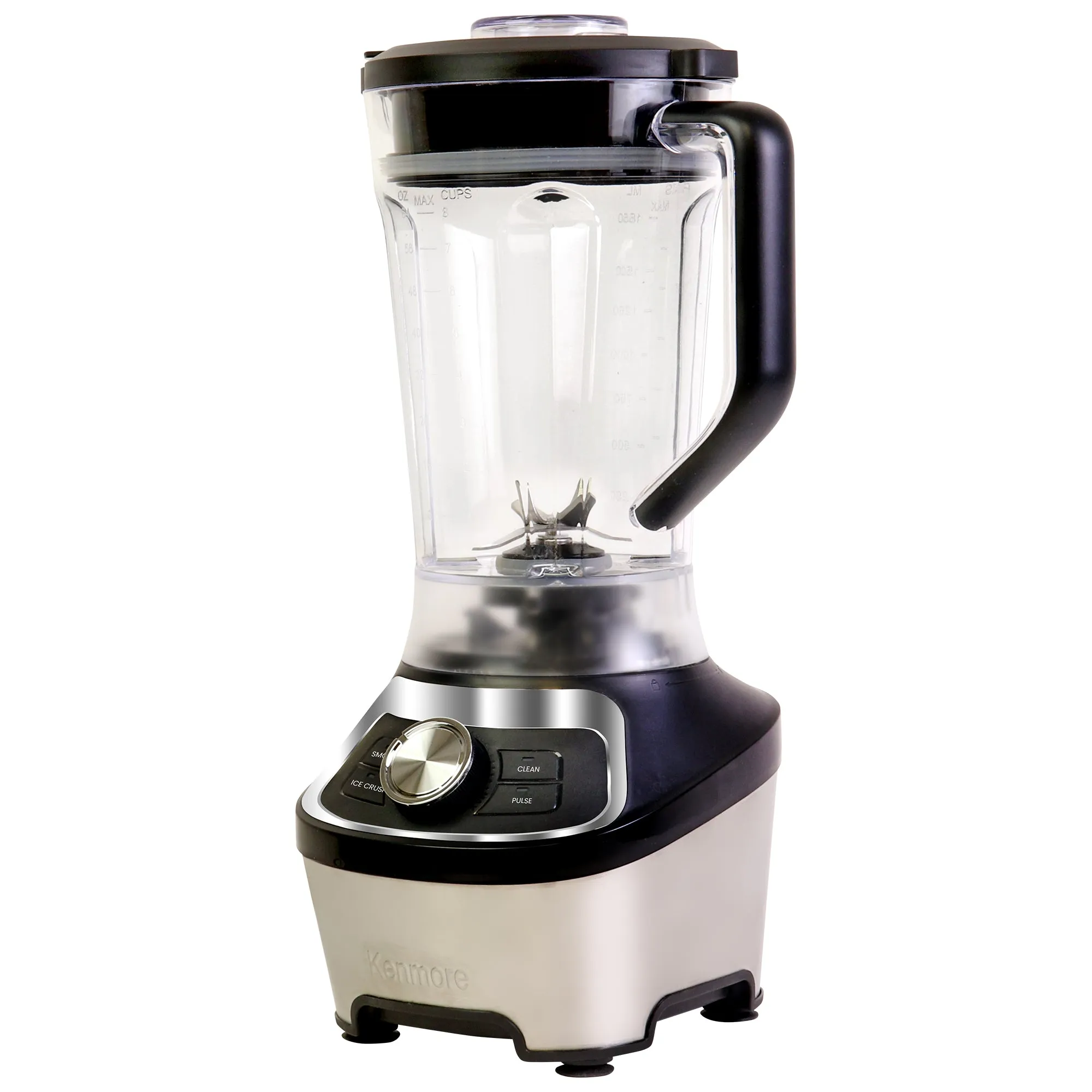 Kenmore Stand Blender, 1200W Motor, Programmed Smoothie, Ice Crushing and Self Clean Modes, Variable Speed Kitchen Blender, 64 oz (8-cup) Tritan Pitcher, Dishwasher-Safe, Stainless Steel and Black