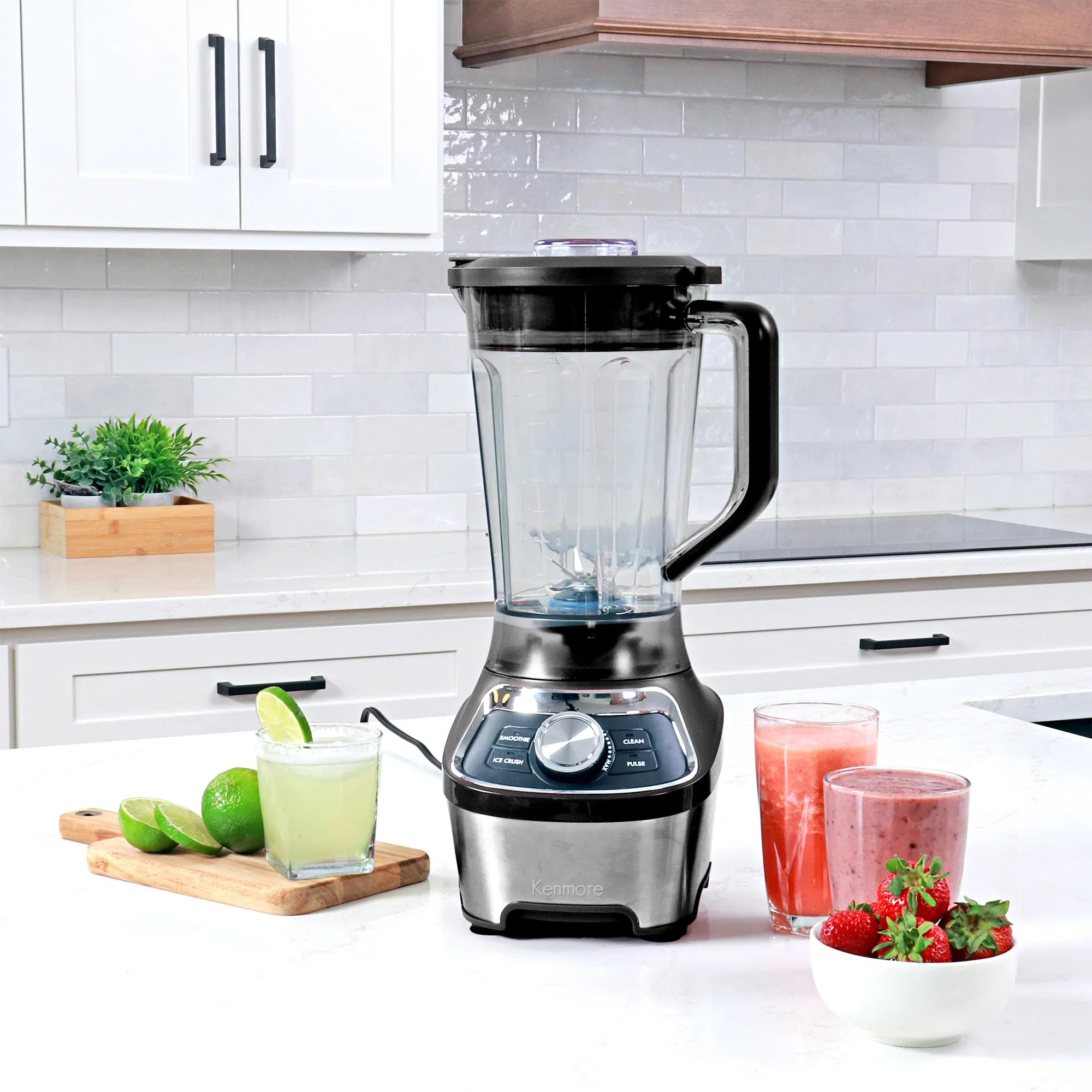 Kenmore Stand Blender, 1200W Motor, Programmed Smoothie, Ice Crushing and Self Clean Modes, Variable Speed Kitchen Blender, 64 oz (8-cup) Tritan Pitcher, Dishwasher-Safe, Stainless Steel and Black