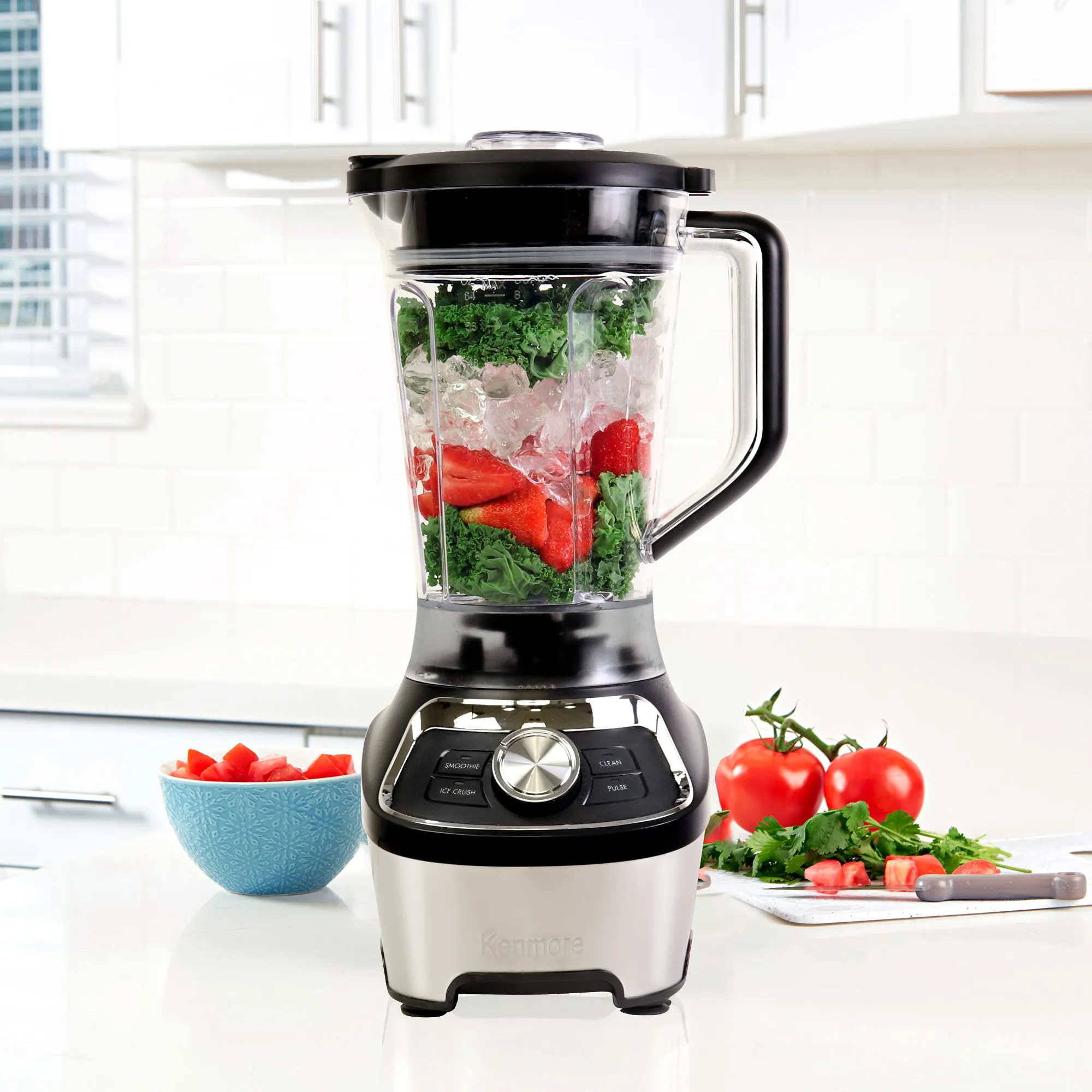 Kenmore Stand Blender, 1200W Motor, Programmed Smoothie, Ice Crushing and Self Clean Modes, Variable Speed Kitchen Blender, 64 oz (8-cup) Tritan Pitcher, Dishwasher-Safe, Stainless Steel and Black