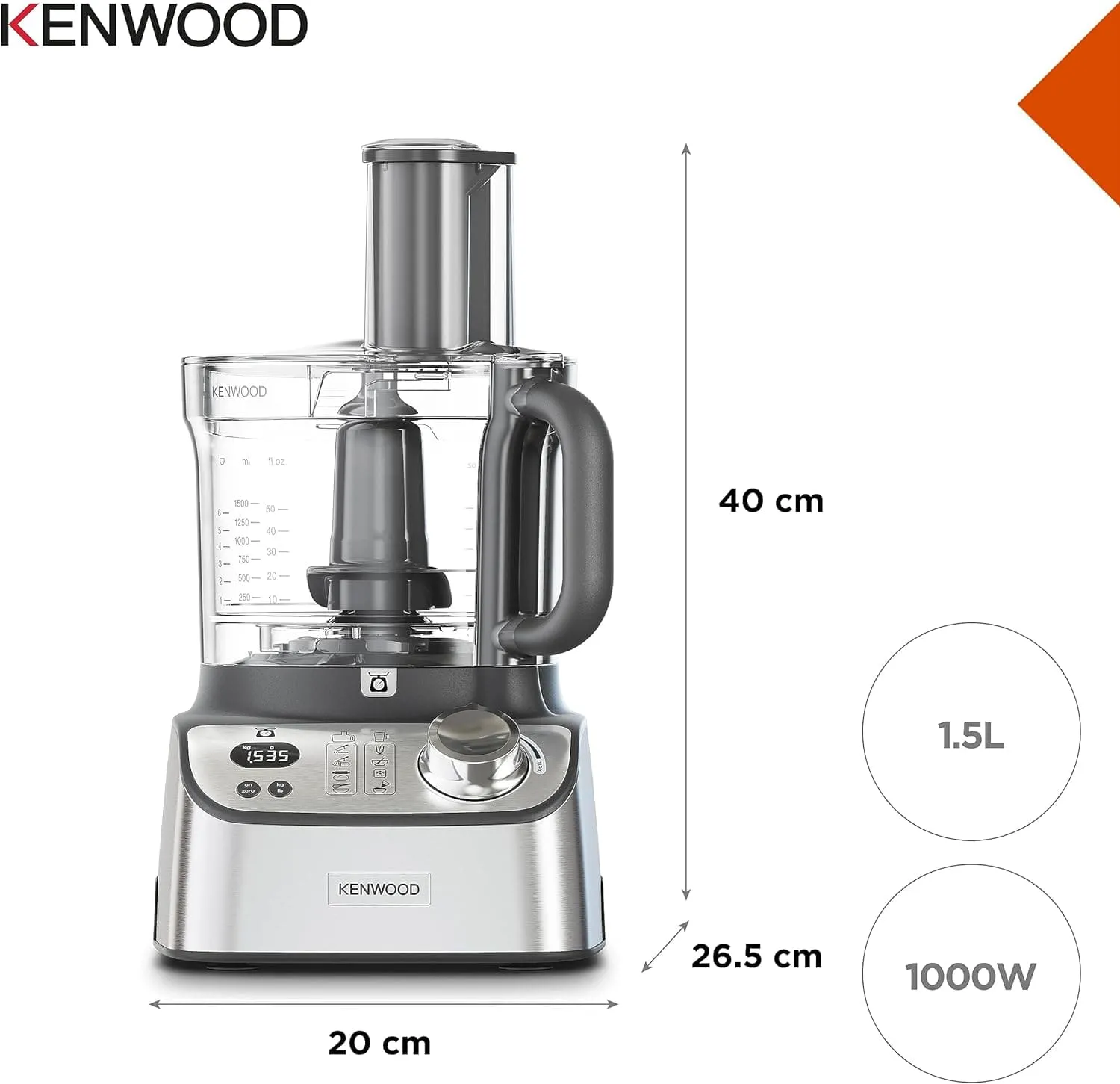 Kenwood MultiPro Express Weigh Food Processor, 8 Processing Tools, Variable Speed with Pulse Function, Integrated Digital Scales, Capacity 3L