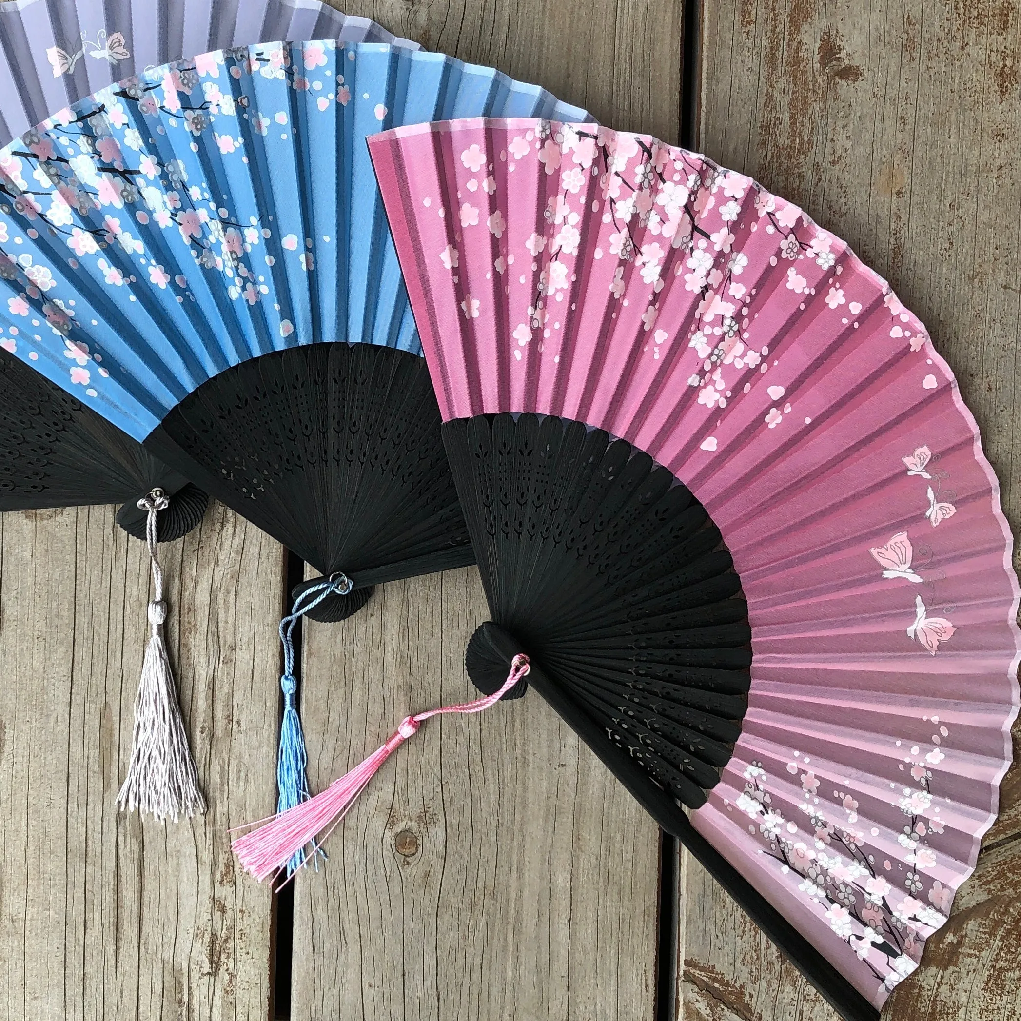 Luxury Black Bamboo Silk Fans butterflies, blossoms with tassels