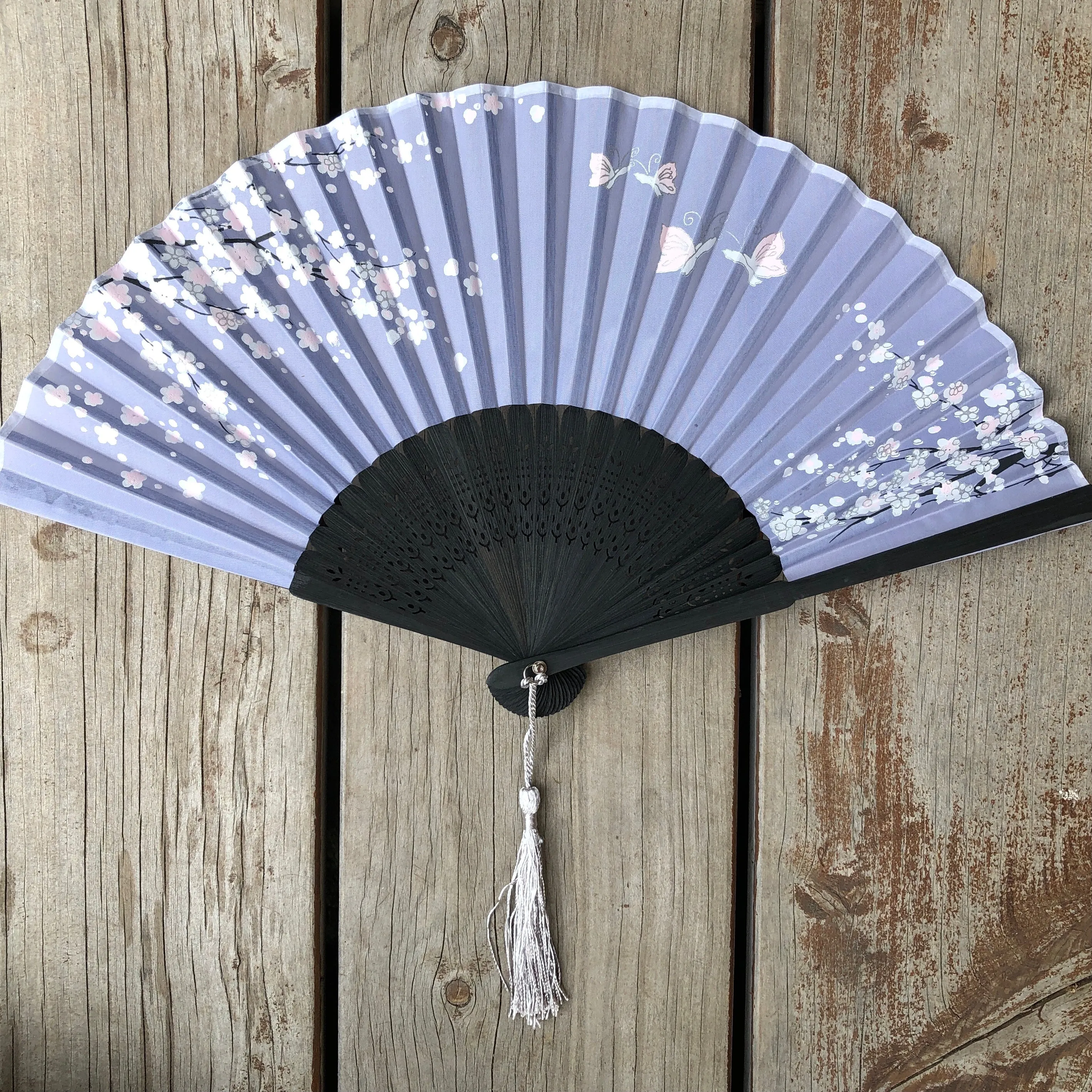 Luxury Black Bamboo Silk Fans butterflies, blossoms with tassels