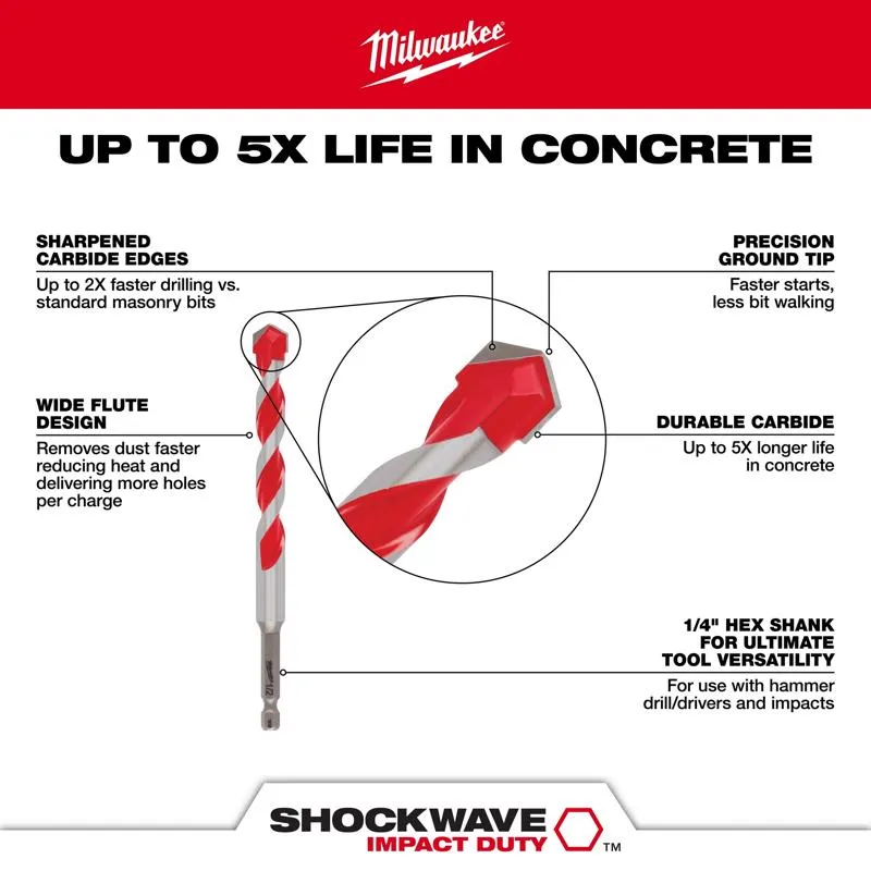 Milwaukee Shockwave 3/16 in. X 6 in. L Carbide Hammer Drill Bit Hex Shank 1 pk