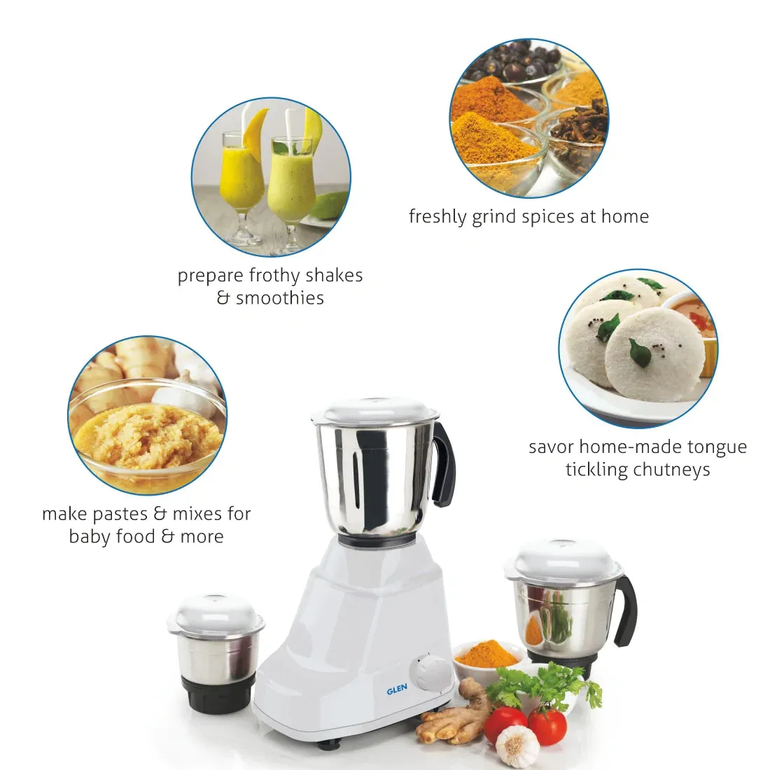 Mixer Grinder 500W With 3 Stainless Steel Blender, Grinder, Chutney Jars Stainless Steel Blades - White, Black, Red (4020)