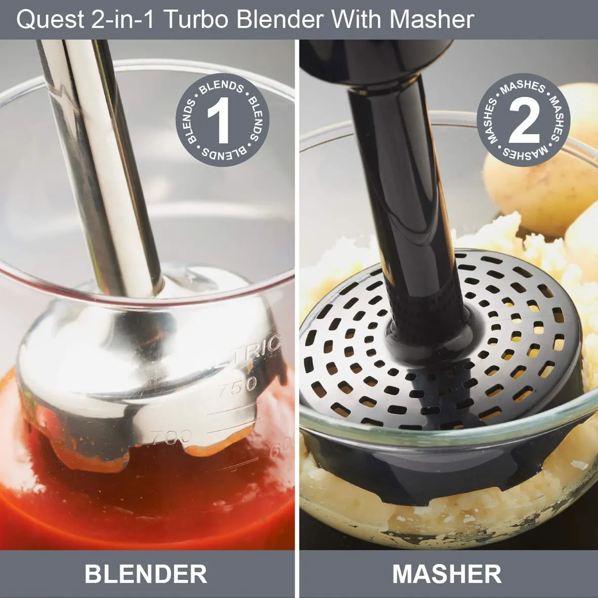 Quest 32129 Handheld Stick Blender & Masher/Ergonomic Design with Detachable Stick/Turbo Speed Button/Strong Titanium Blade / 750ml Beaker Included/Anti-Splash Cover / 700W