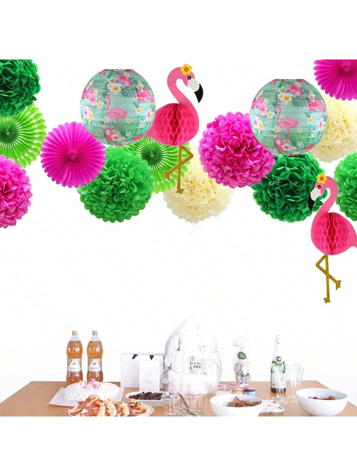 Tropical Flamingo Paper Flower Balls & Lanterns Party Decorations With Tissue Fans & Flowers For Birthday, Bridal Shower, Bachelorette, Hawaiian, Beach & Pool Summer Parties Set