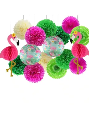 Tropical Flamingo Paper Flower Balls & Lanterns Party Decorations With Tissue Fans & Flowers For Birthday, Bridal Shower, Bachelorette, Hawaiian, Beach & Pool Summer Parties Set