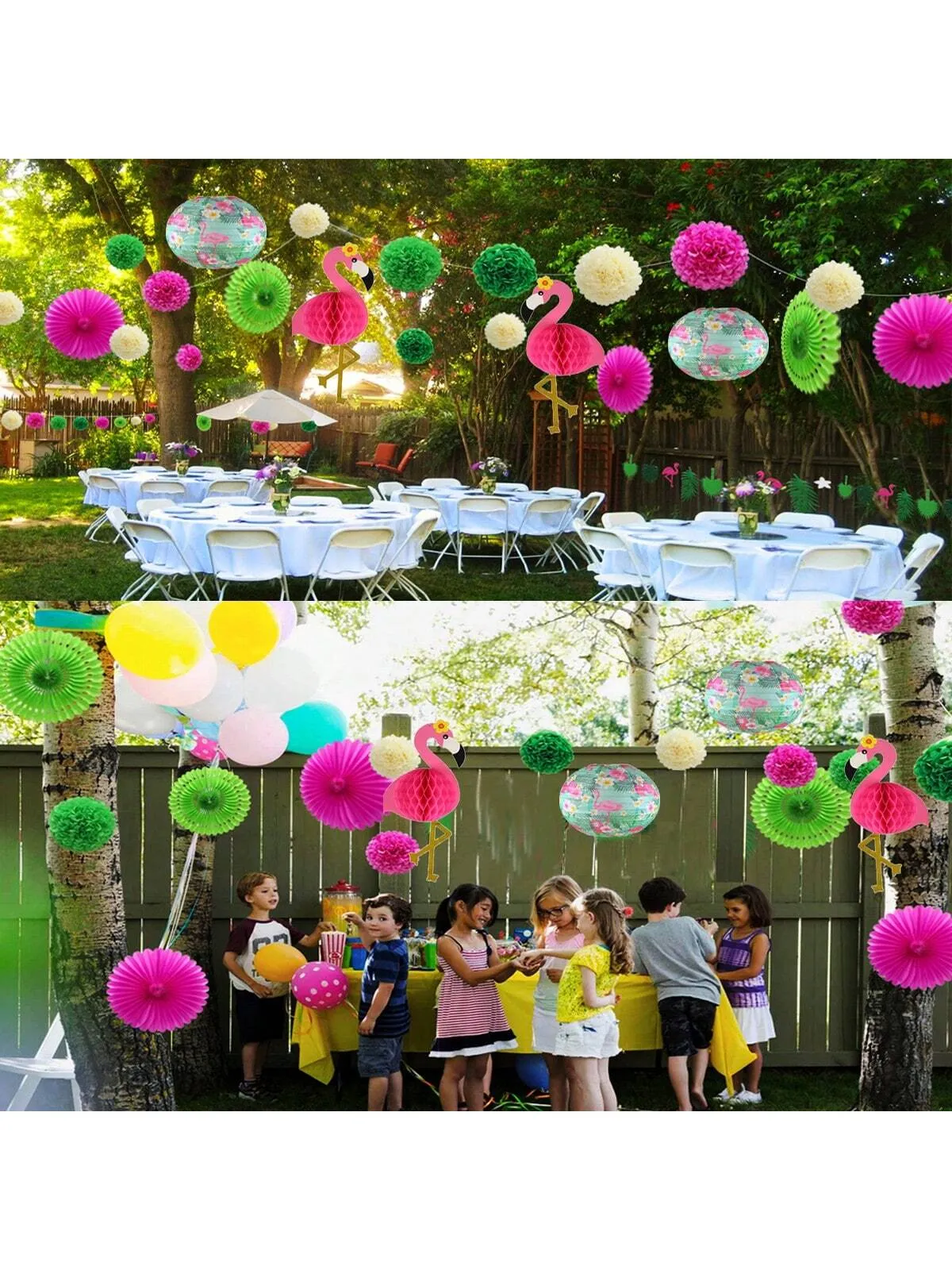 Tropical Flamingo Paper Flower Balls & Lanterns Party Decorations With Tissue Fans & Flowers For Birthday, Bridal Shower, Bachelorette, Hawaiian, Beach & Pool Summer Parties Set