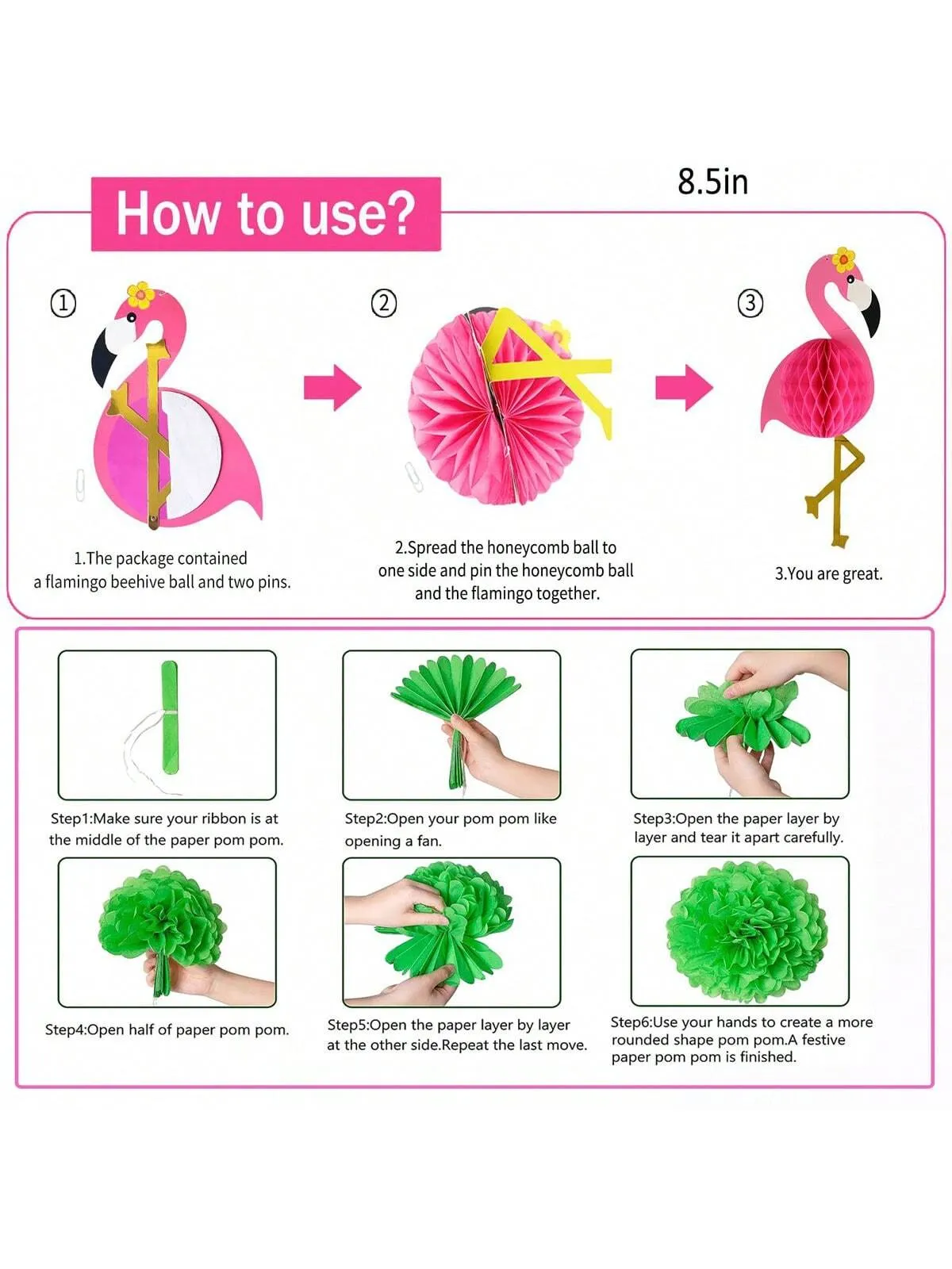 Tropical Flamingo Paper Flower Balls & Lanterns Party Decorations With Tissue Fans & Flowers For Birthday, Bridal Shower, Bachelorette, Hawaiian, Beach & Pool Summer Parties Set