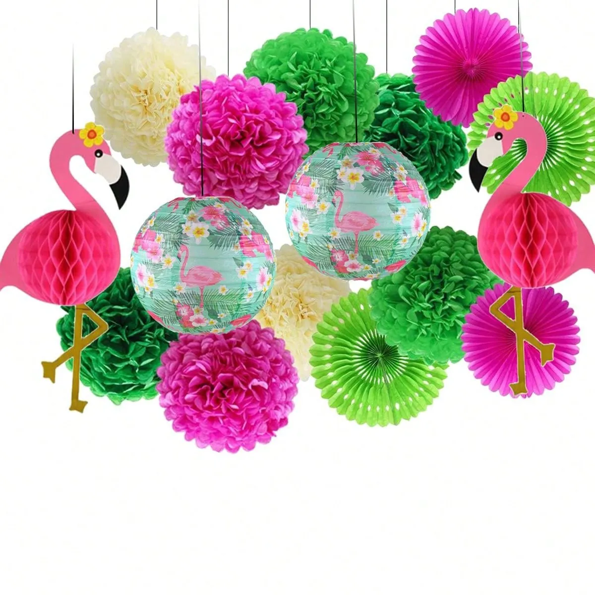 Tropical Flamingo Paper Flower Balls & Lanterns Party Decorations With Tissue Fans & Flowers For Birthday, Bridal Shower, Bachelorette, Hawaiian, Beach & Pool Summer Parties Set